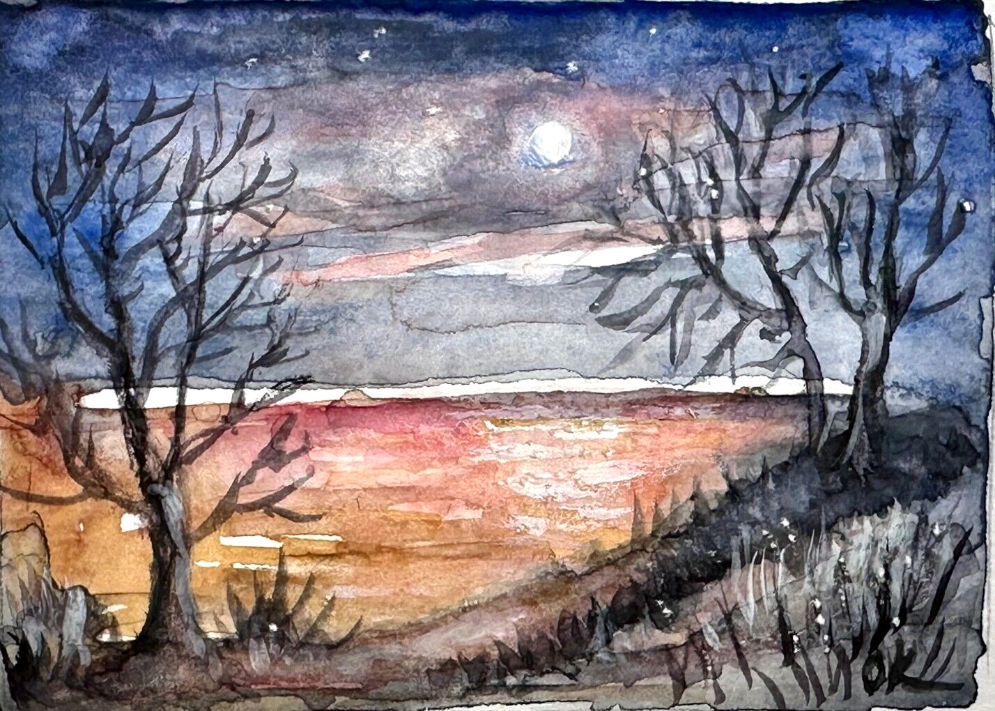 ACEO Original Full moon on the river bank with trees Watercolor 3.5″ x 2.5″