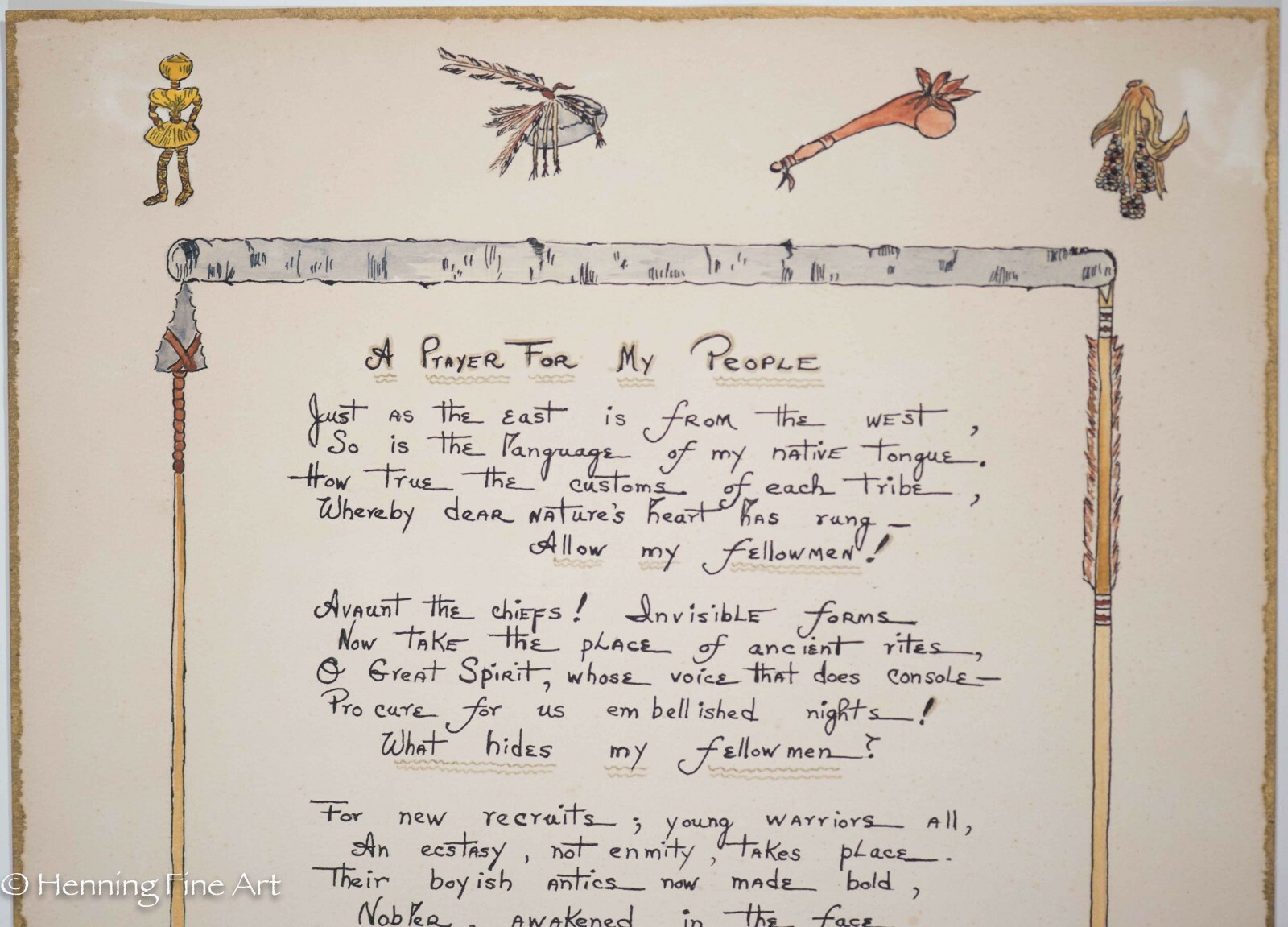 Fine Seneca Native American Hand Written Poem and Watercolor by Reva Berkmeyer