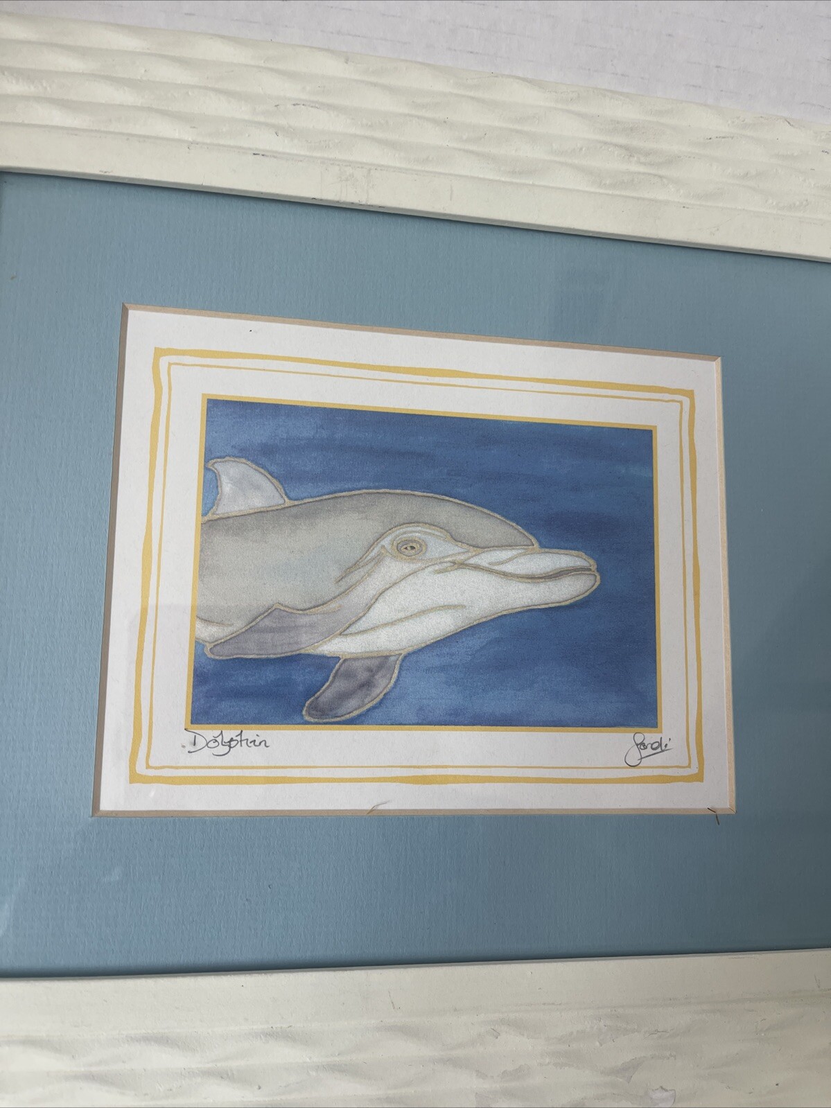Dolphin Painting Signed Nautical Theme Watercolor Decor Matted Framed 13×11”