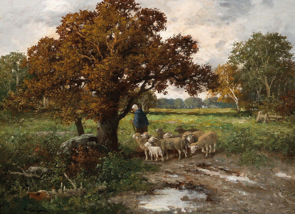 Shepherd with flock Oil painting Wall Art Giclee Printed on Canvas P2017