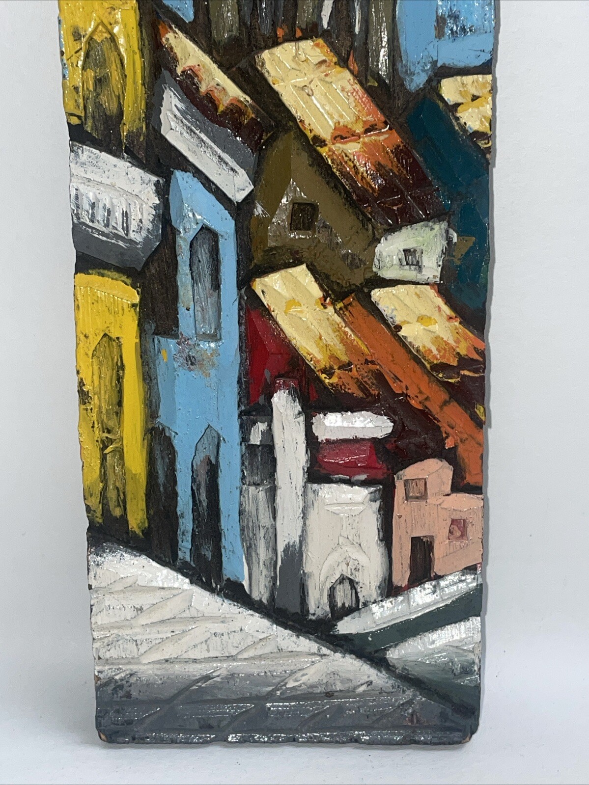 Rustic Painting Representing Houses With Perfect Carving And Polychromy 10×3.75”
