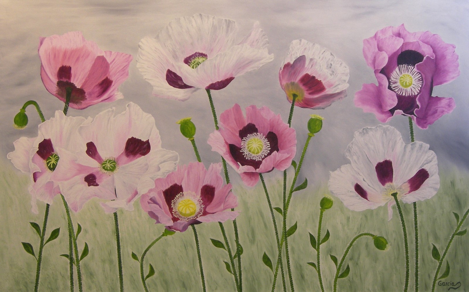 Poppy Oil Painting, Flower Painting, Large «Opium Poppies» (30″ x 48″)