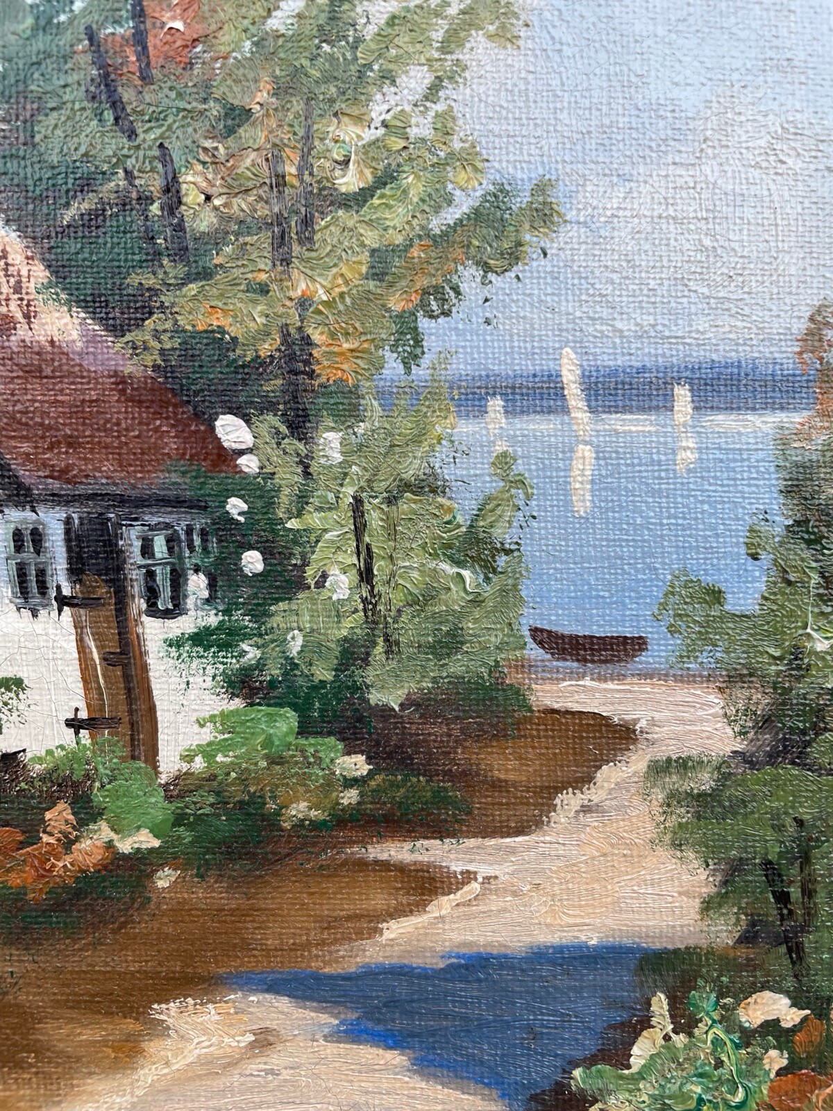 Impressionist Summer Landscape Cottage With Garden By The Sea Coast Sailboats