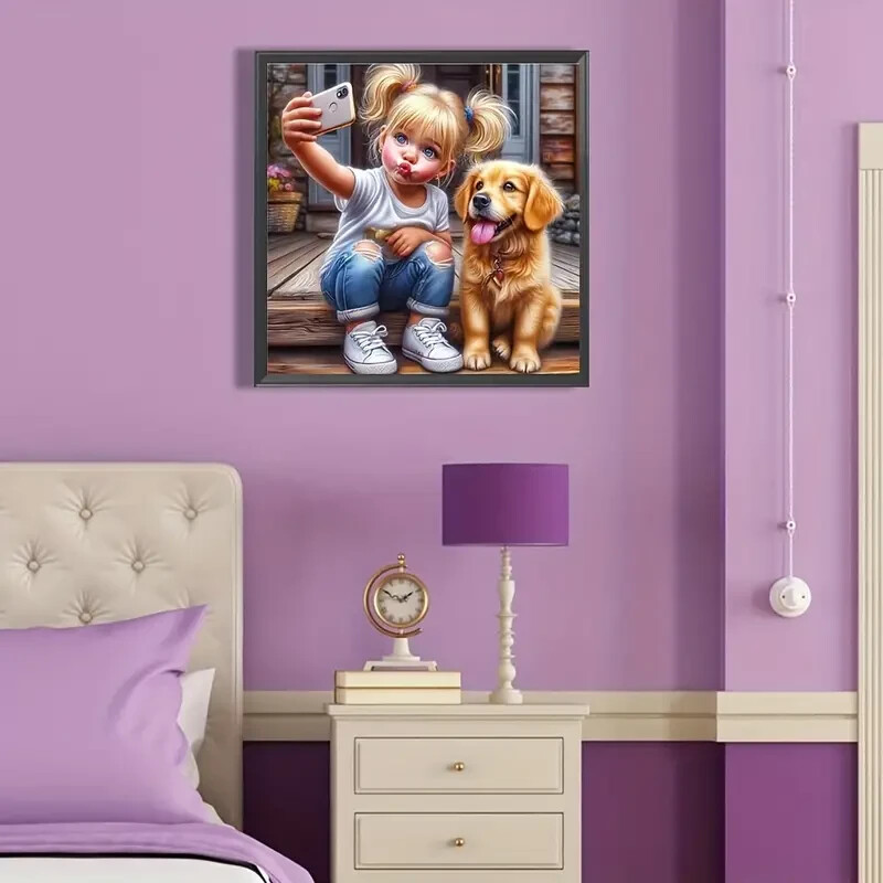 DIY 5D Diamond Painting Kit Little Girl with dog taking a pic 15.8×15.8 in New l