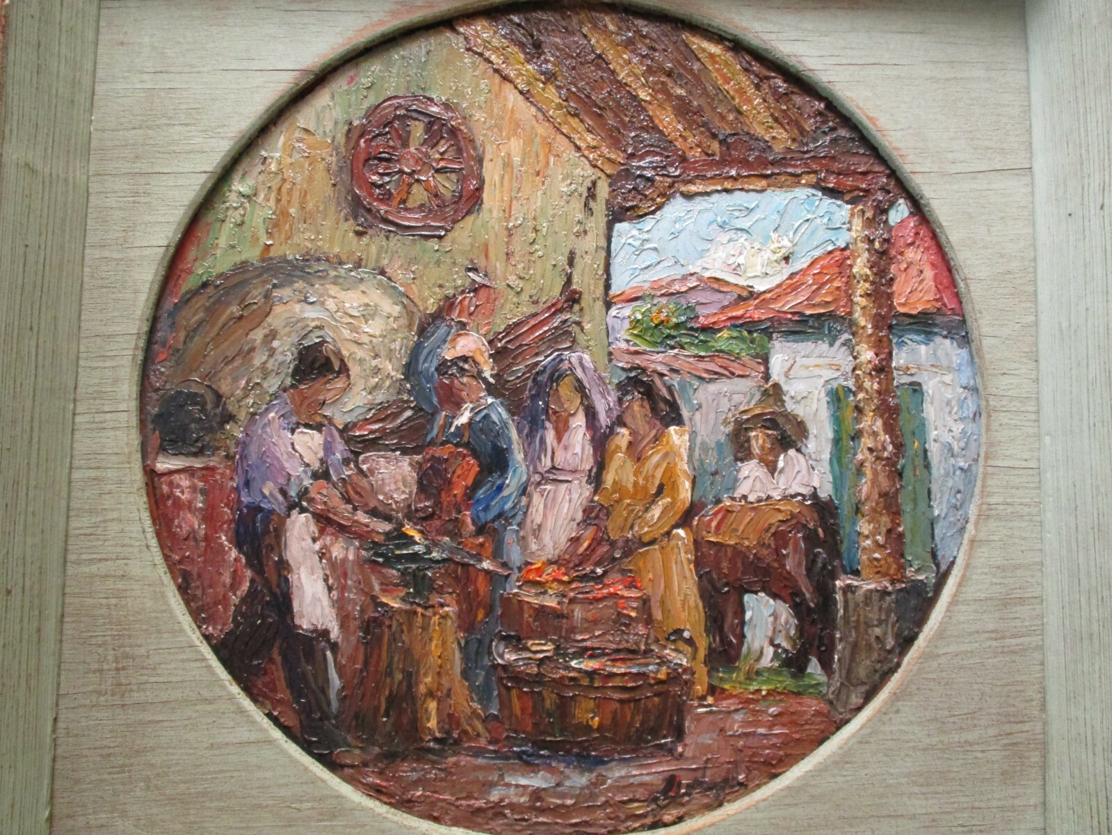 VINTAGE ANTIQUE LUIS SAHAGUN OIL PAINTING CHUNKY OIL MASTERFUL STEEL WORKER RARE