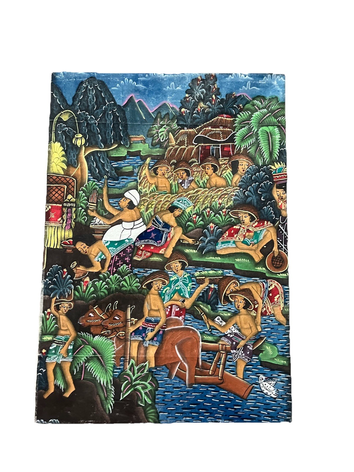 Vintage Balinese Folk Art Painting Original Gouache Rice Harvest Ubud Cloth Wood