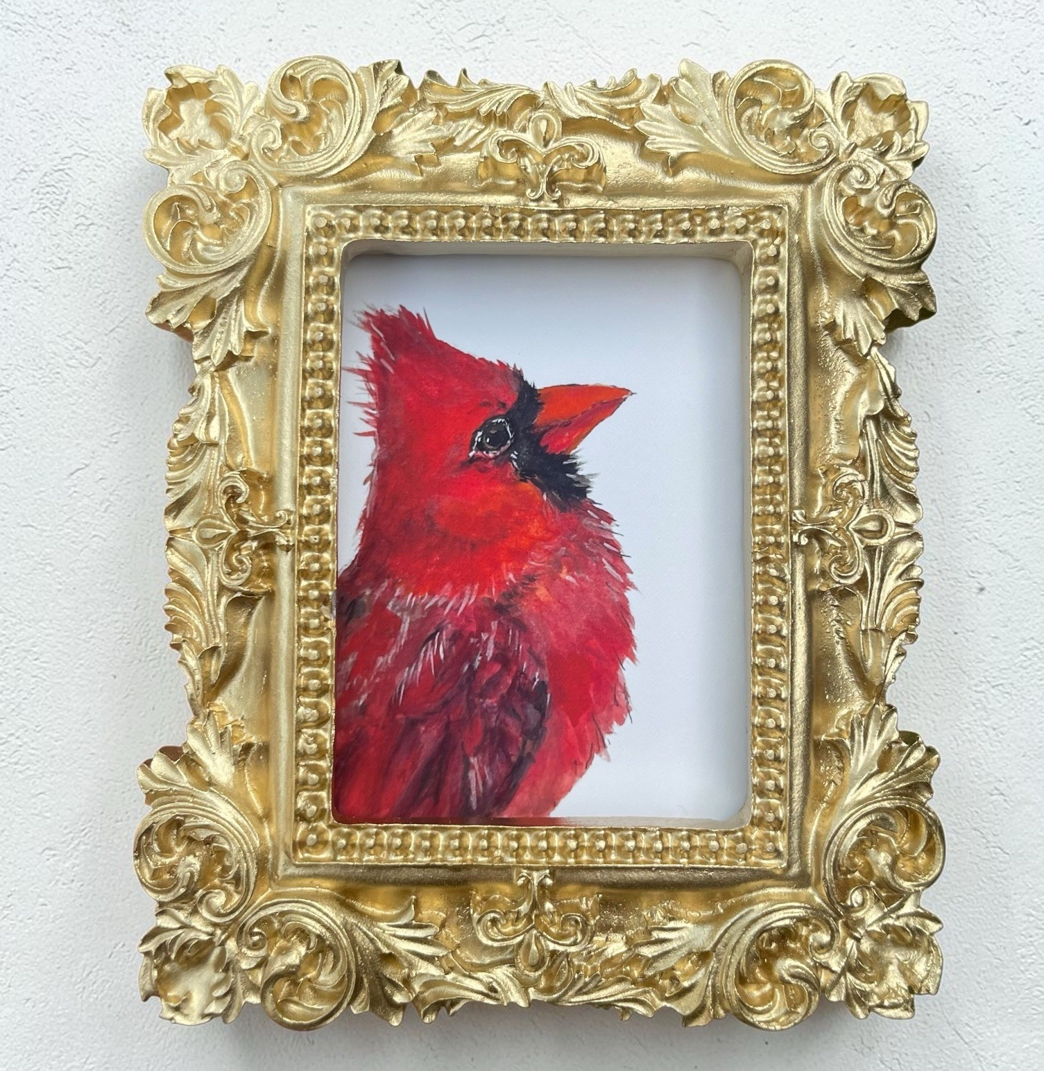 Cardinal mini watercolor bird print of original painting • vintage ornate frame
