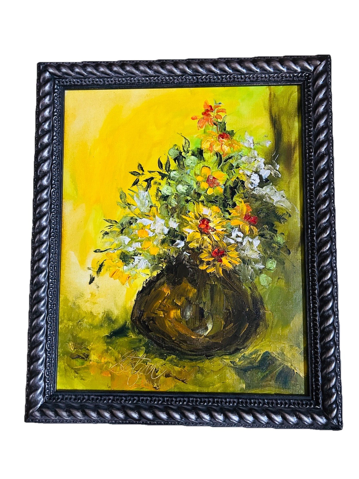Vintage Mid Century Original Impasto Floral Oil Painting Pewter Frame 19.5×24”