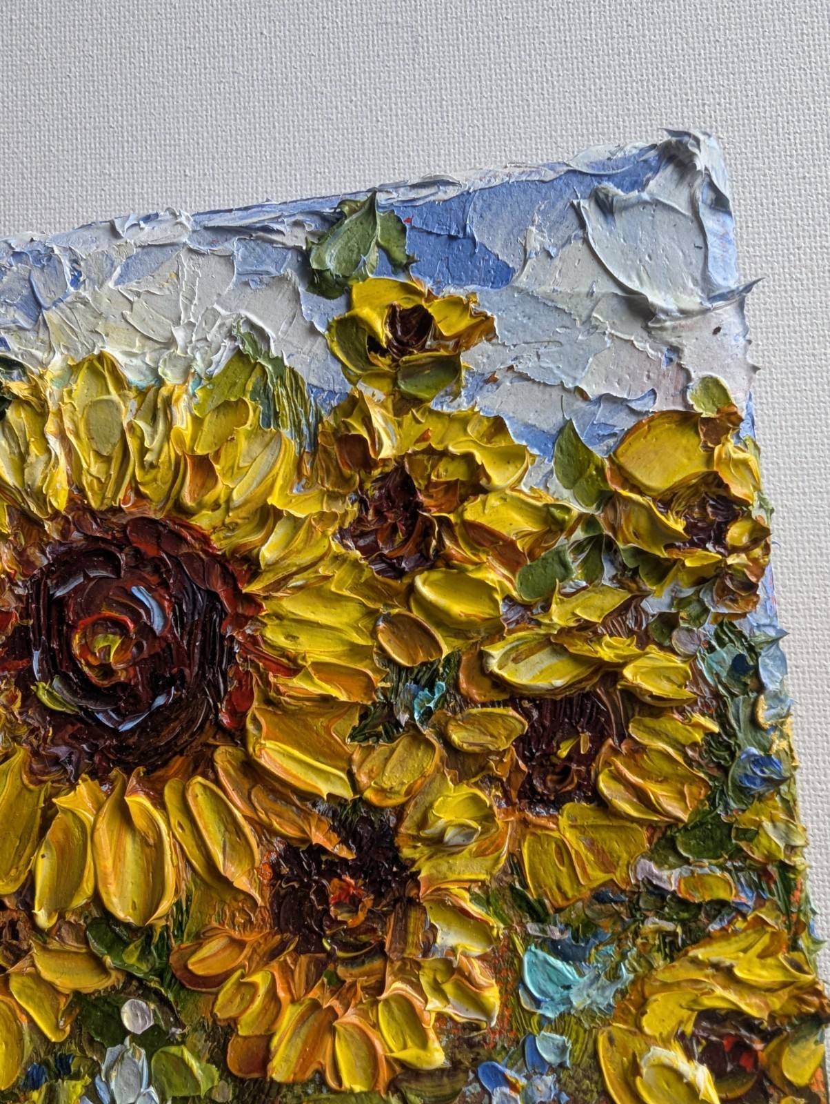ORIGINAL OIL impasto Painting «Sunflowers» 4″X4″ X 1.5″ by Olga Diduh.
