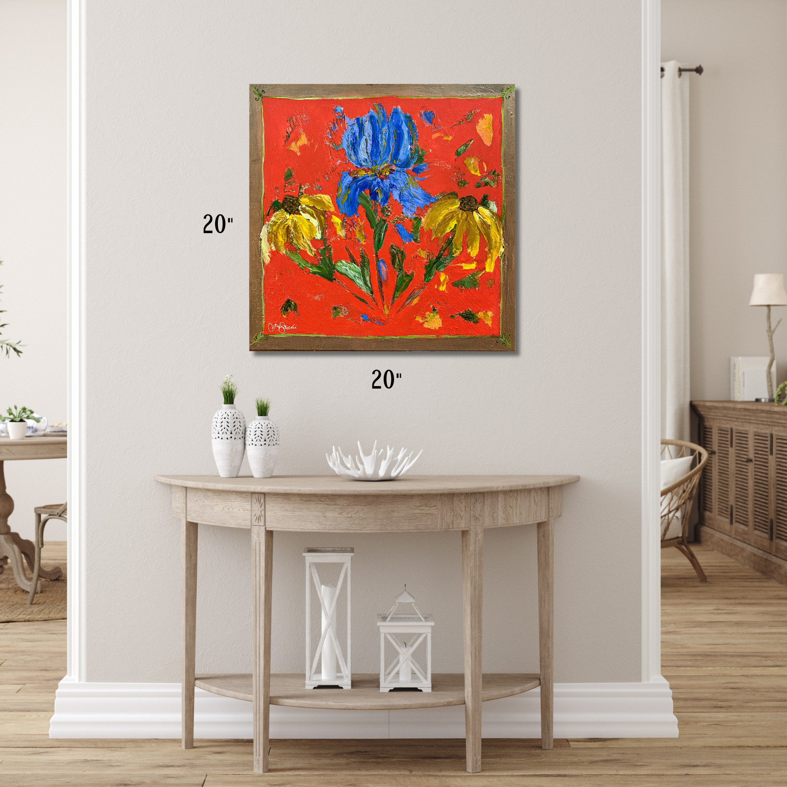 Abstract Iris and Cone Flowers 20×20 Expressionism Botanical Acrylic Canvas