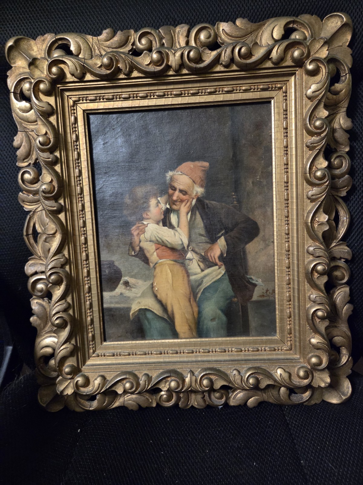 Antique Oil Painting On Canvas Unsigned Sani / Frigerio Style? Grandfather Child