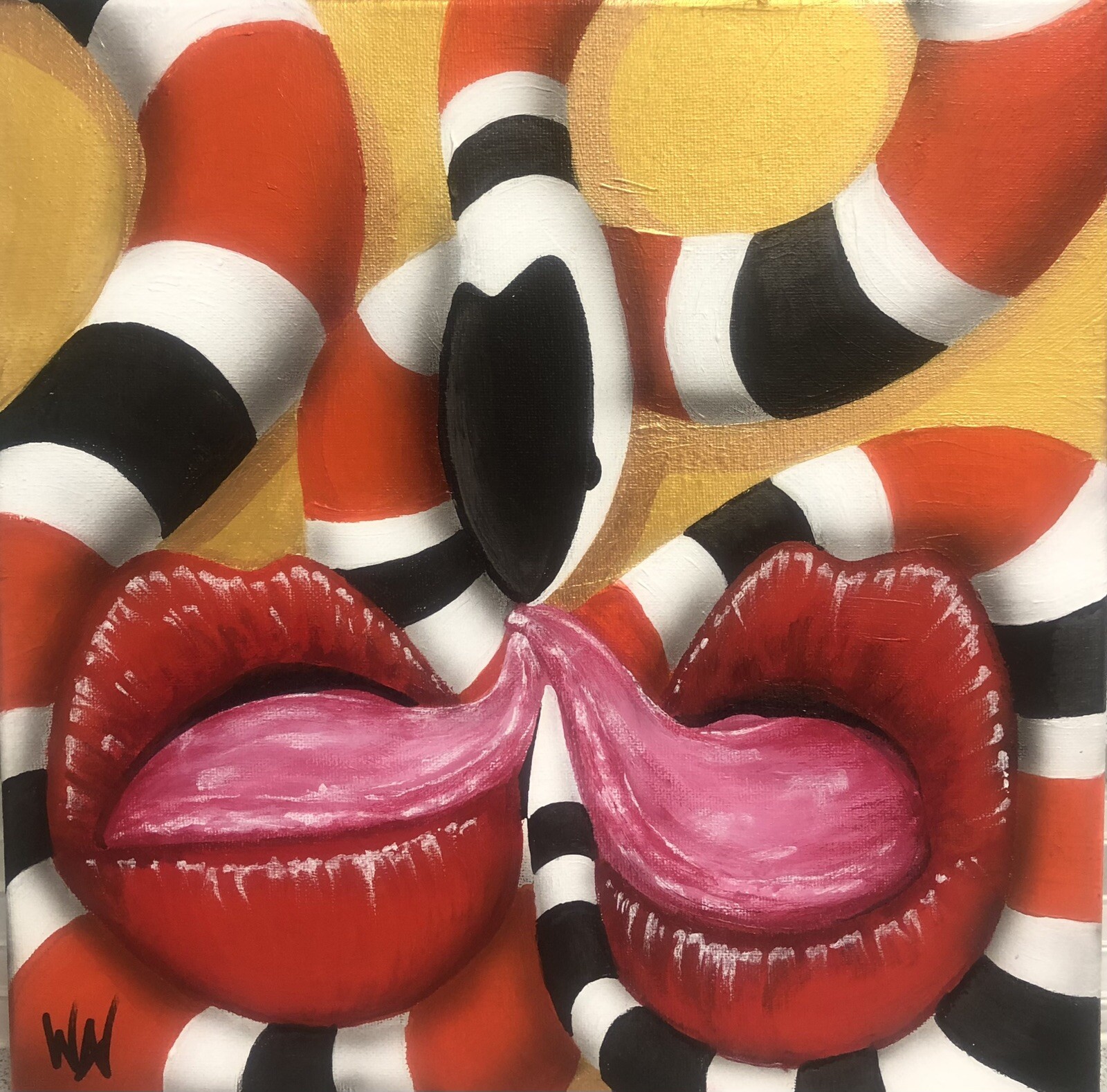 Original Pop Surreal, Lick the Snake Painting 12×12”Acrylic Canvas,Signed,COA