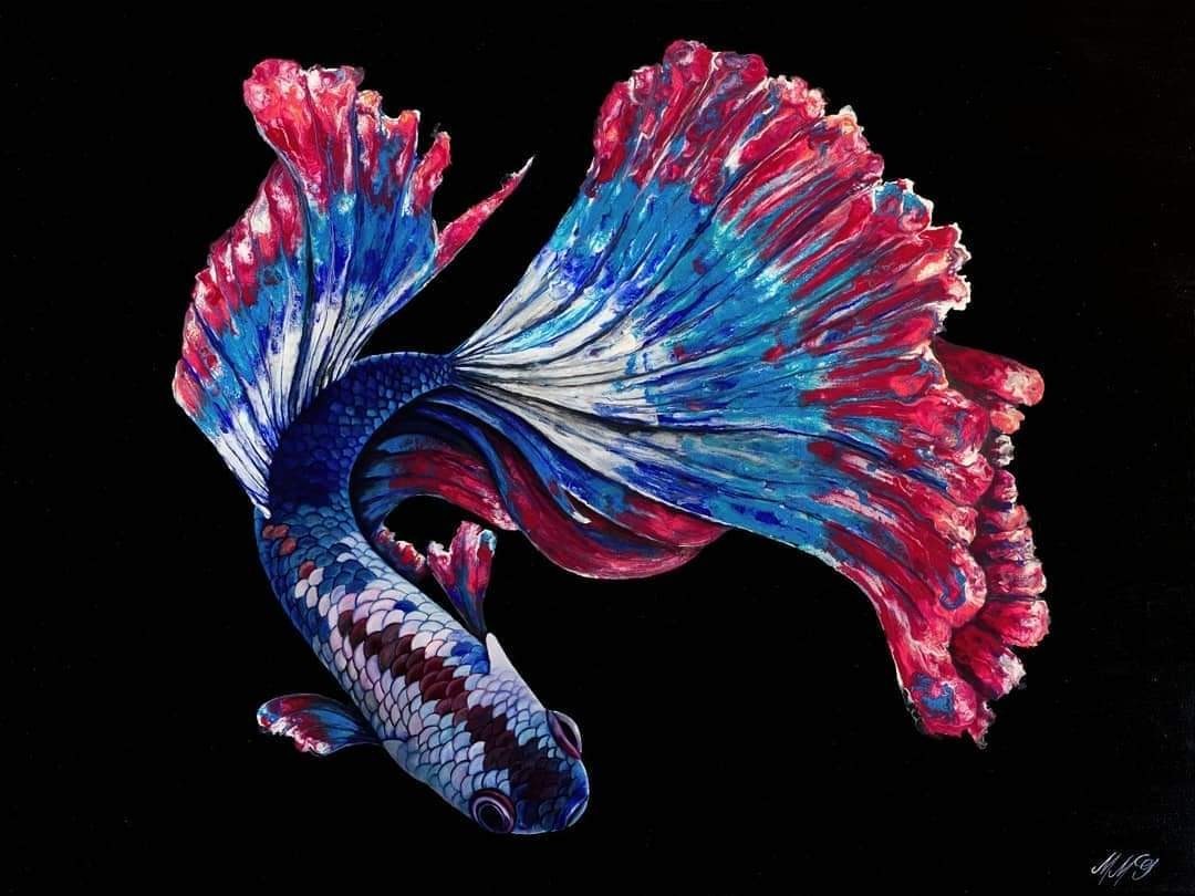🔵 Freedom Betta / Original Painting, Fish, Art Decor, Hybrid Fluid Realism