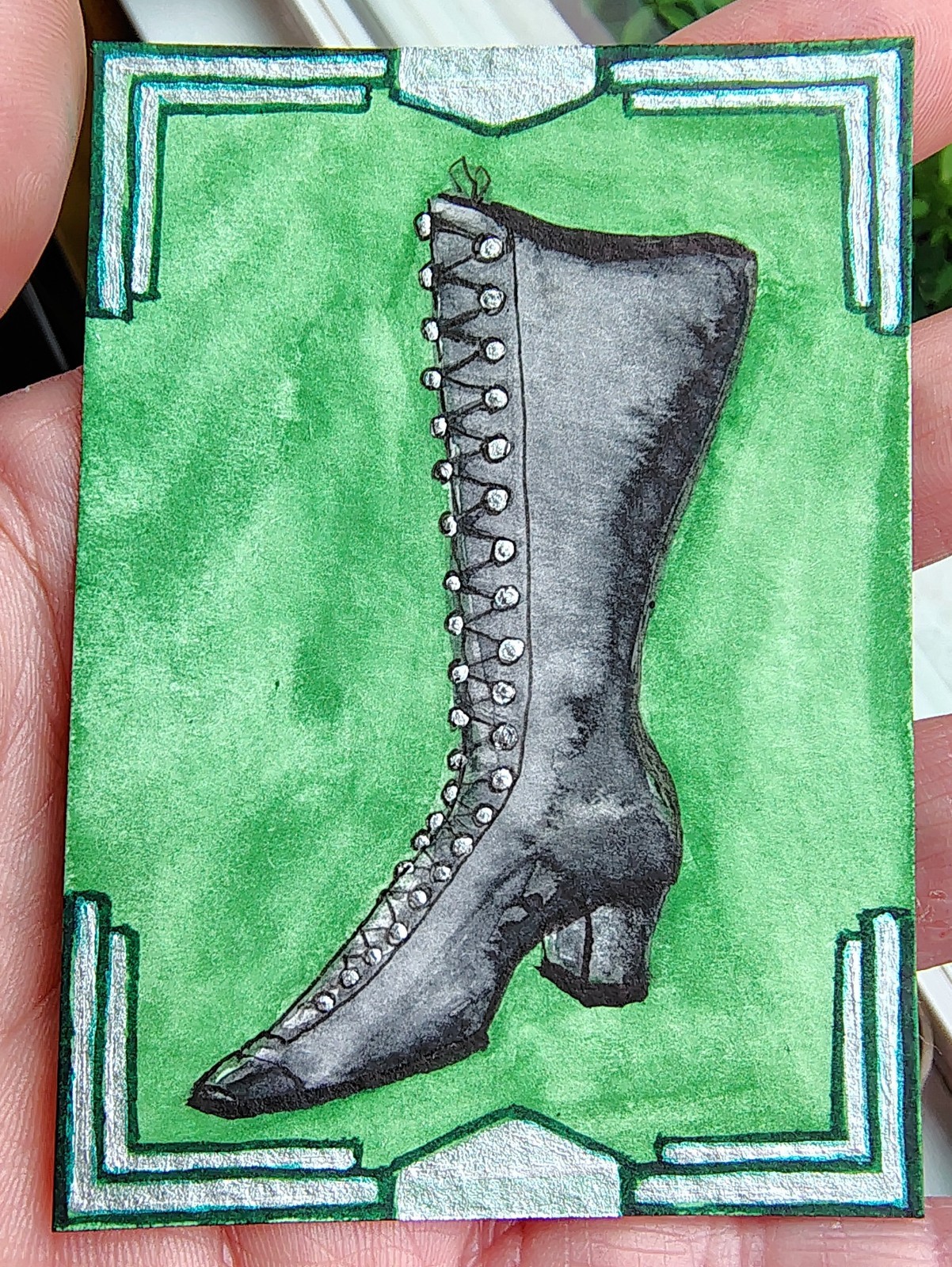 ACEO Original Art, Victorian, Art Nouveau, Ladies Boot, Mixed Media By Dinah Rau
