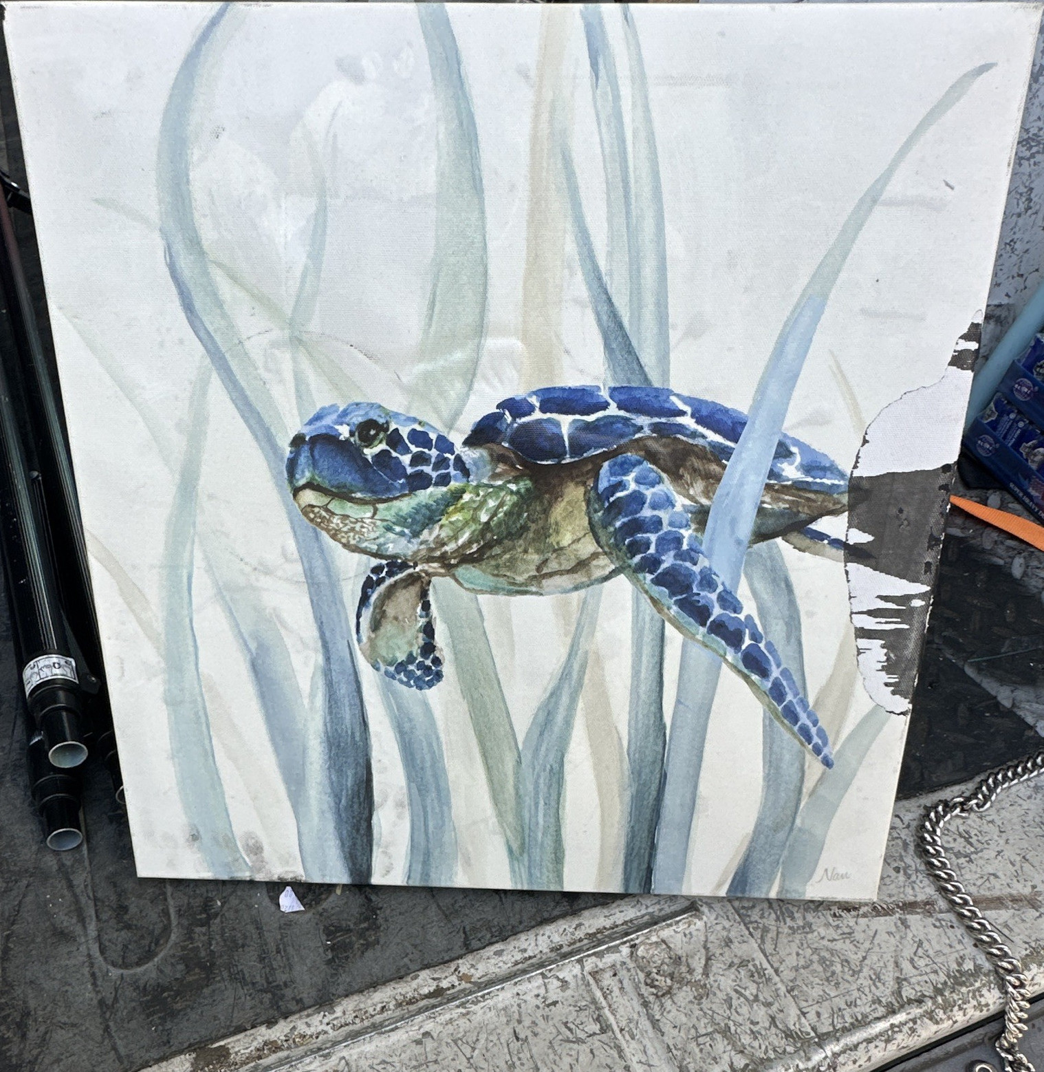Nan Signed Sea Turtle Seascape Canvas Painting Contemporary Art Unframed