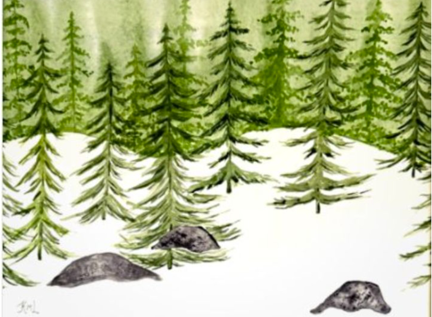 PAINTING WATERCOLOR TREES LANDSCAPE EVERGREEN SNOW WINTER 11X14 DOUBLE MAT 16X20