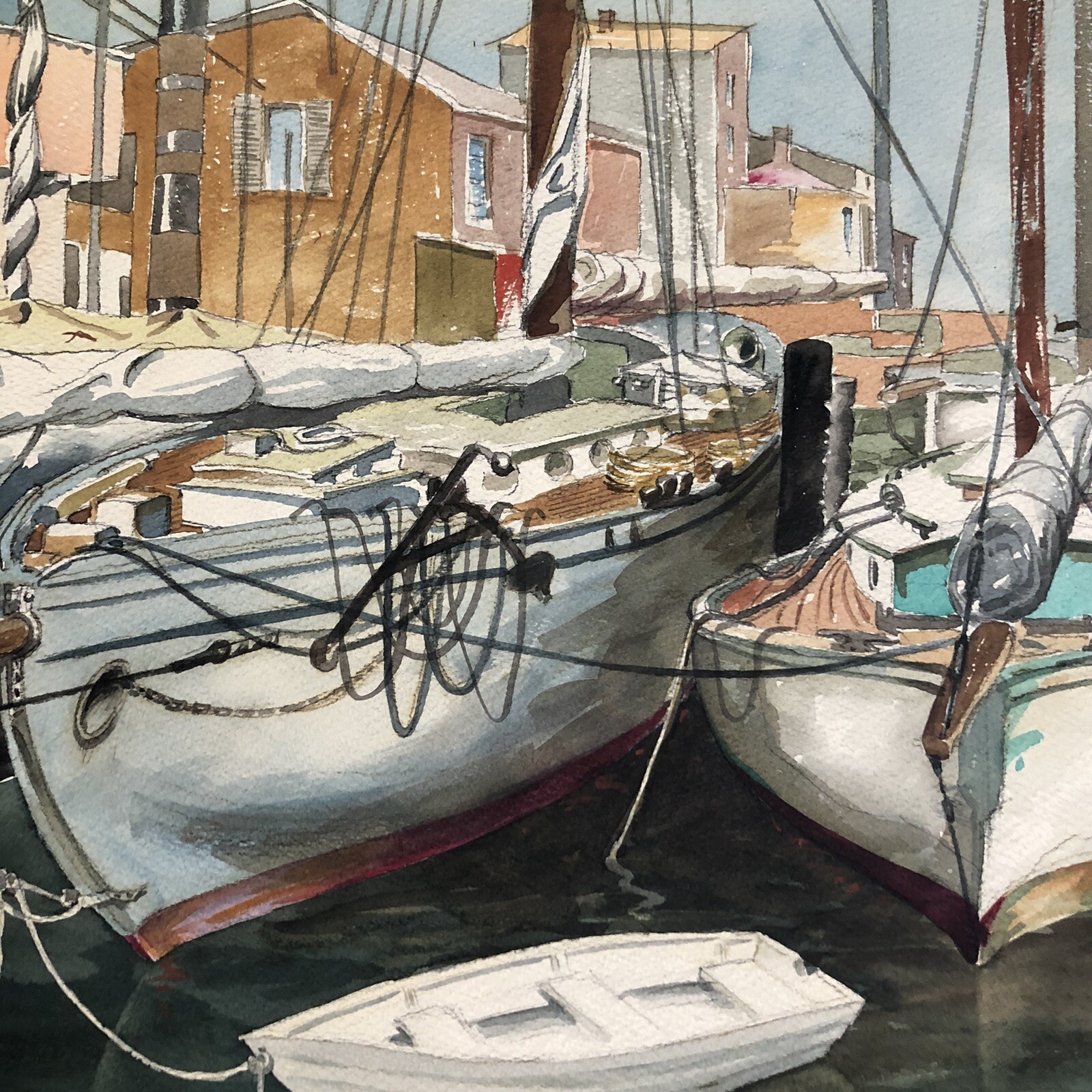 Schneider Signed Custom Framed Art Watercolor Docked Sailboats Ripple in Water