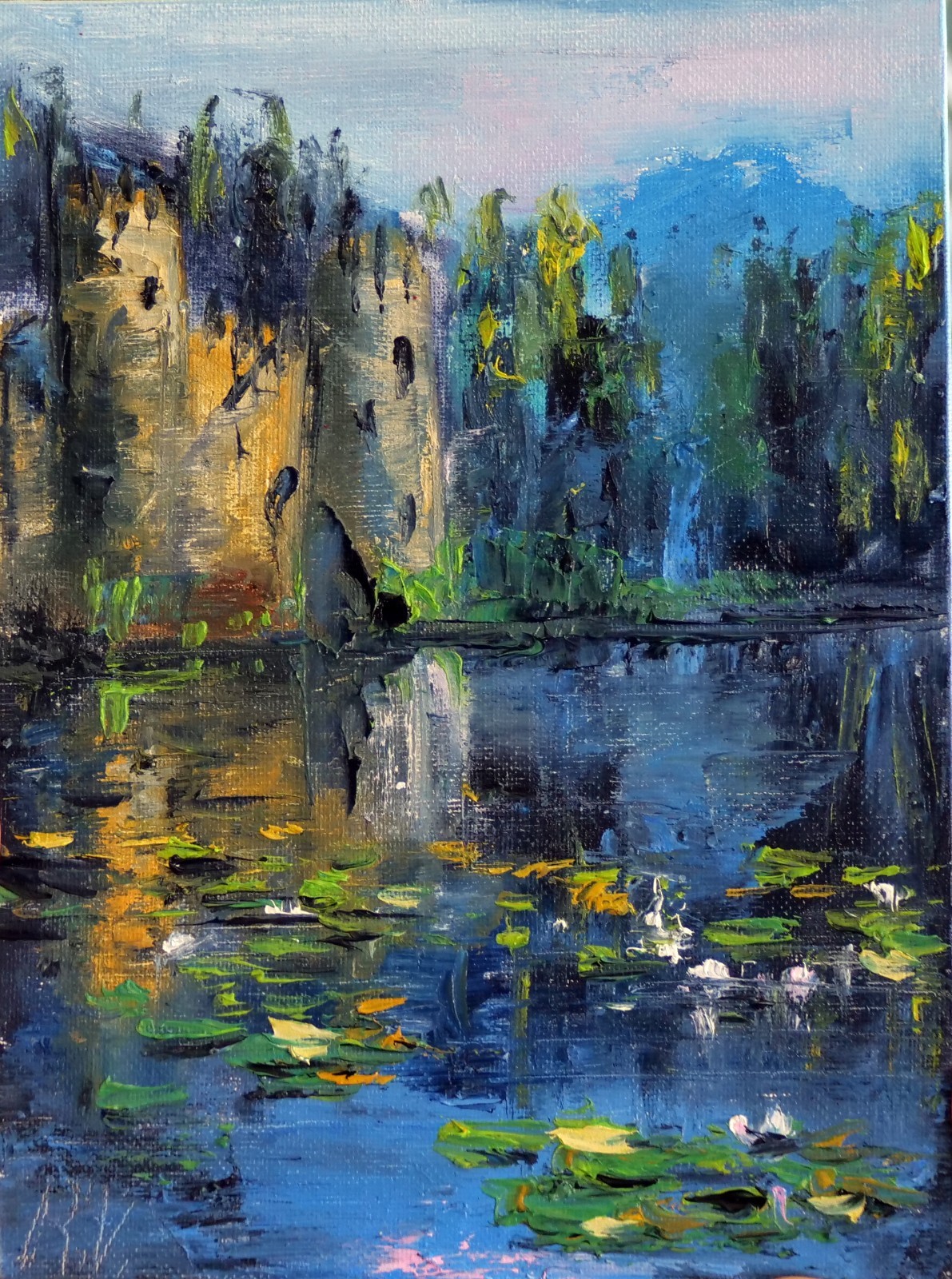 Mysterious Scottish Castle and Lily Pond 7×9.5″ Textured Landscape Oil Painting
