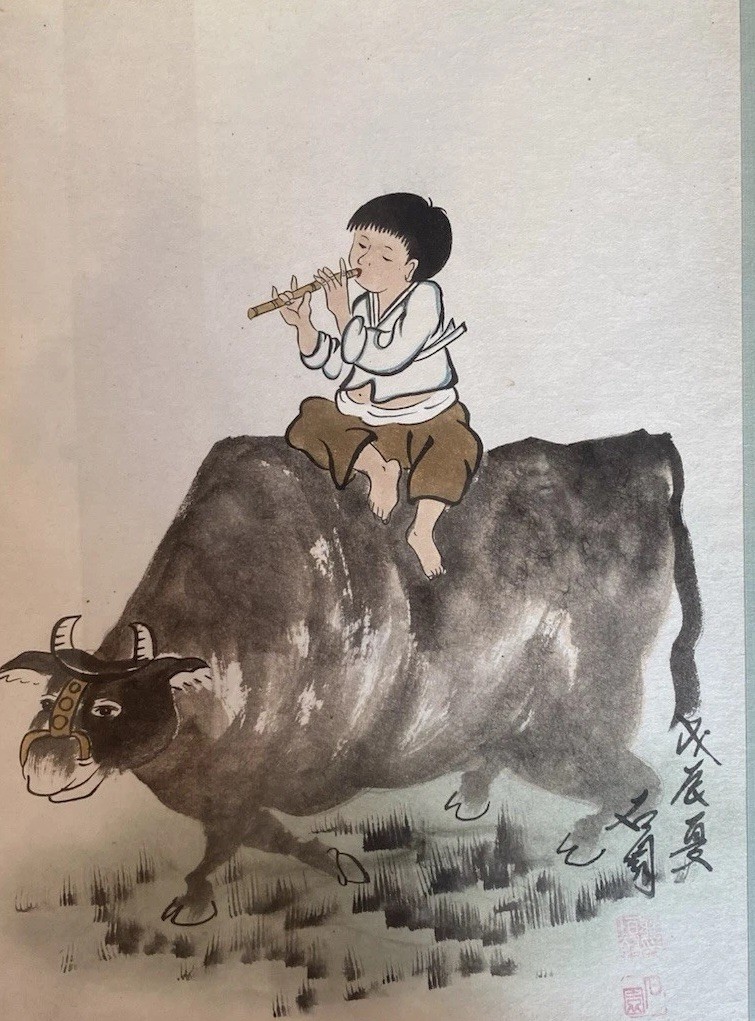 Chinese Ink & Watercolor Painting Boy on Ox, Signed/Sealed, Framed 20×16