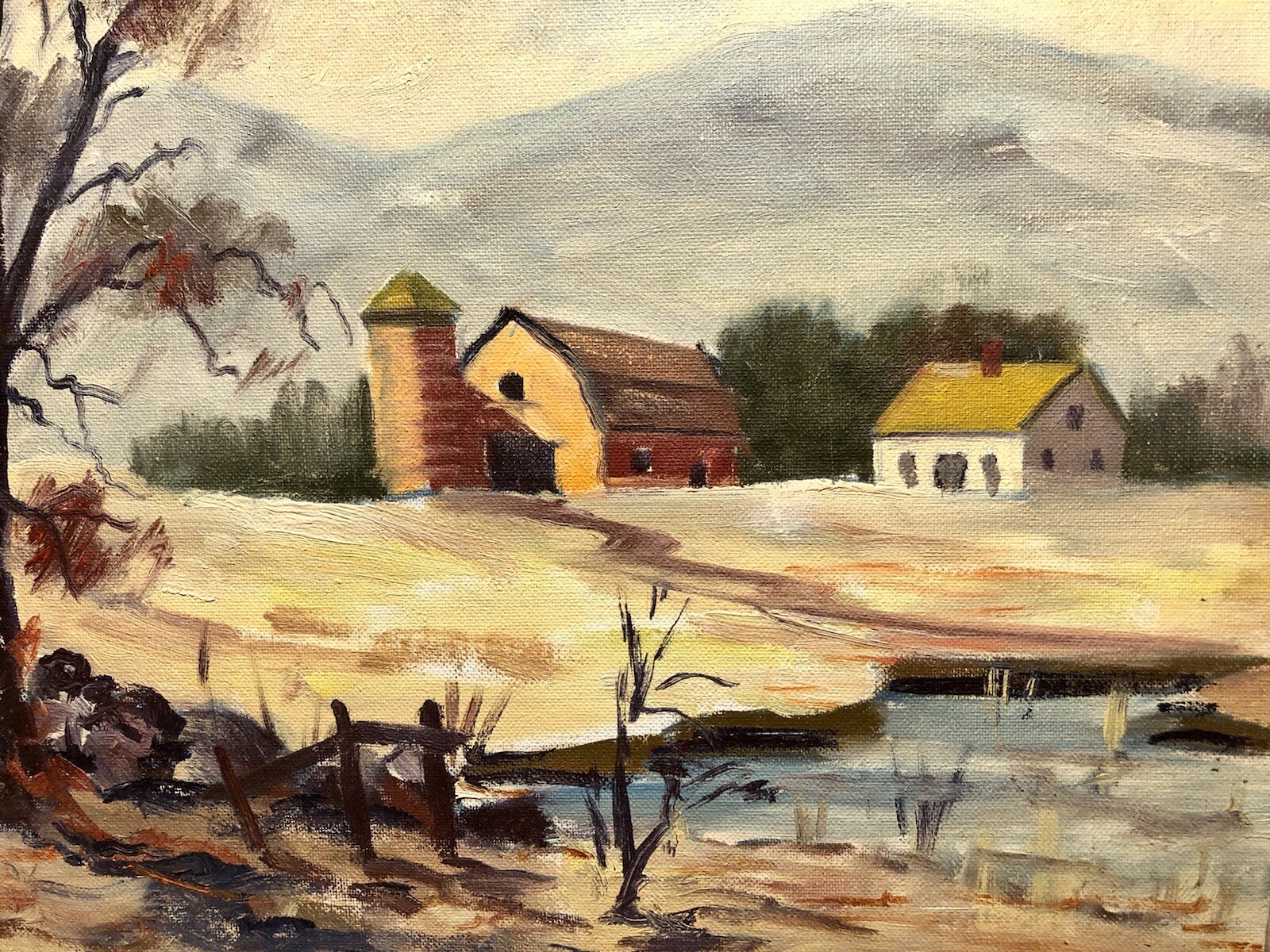 Vintage Oil Painting Vermont Foothills Farm Springtime Green Mountains Art 1978