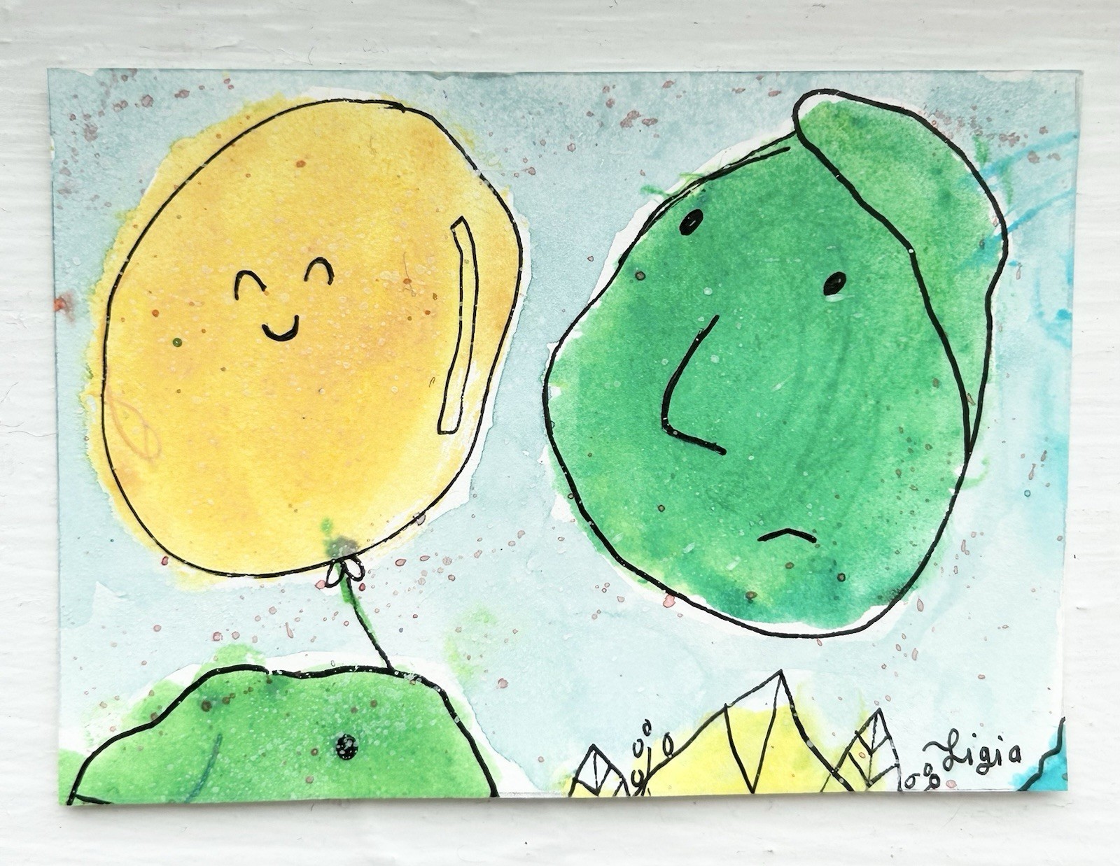ACEO Original Watercolor Art Dad Man Happy Balloon Paint Splatter Little Saguaro