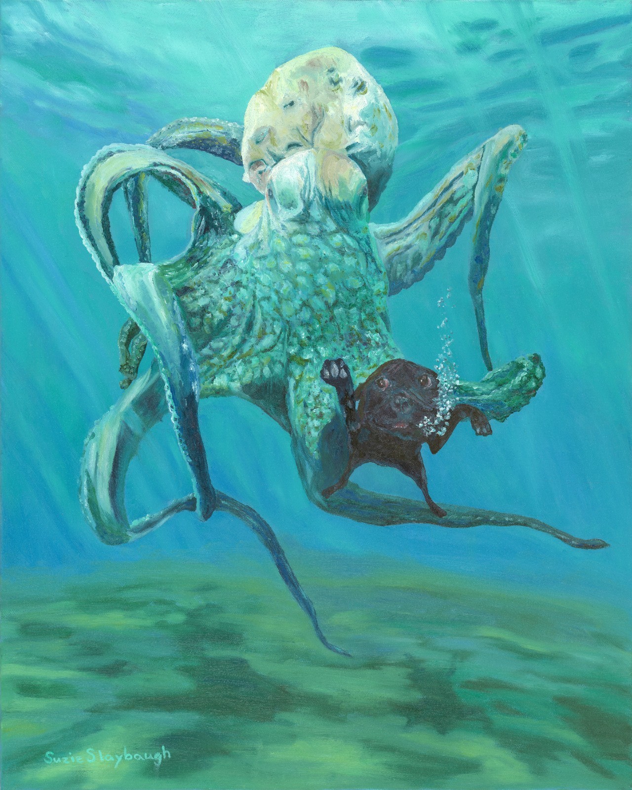 Pug Oil Painting Print of Blac Pug & Octopus Humor 16×20 print on fine art paper