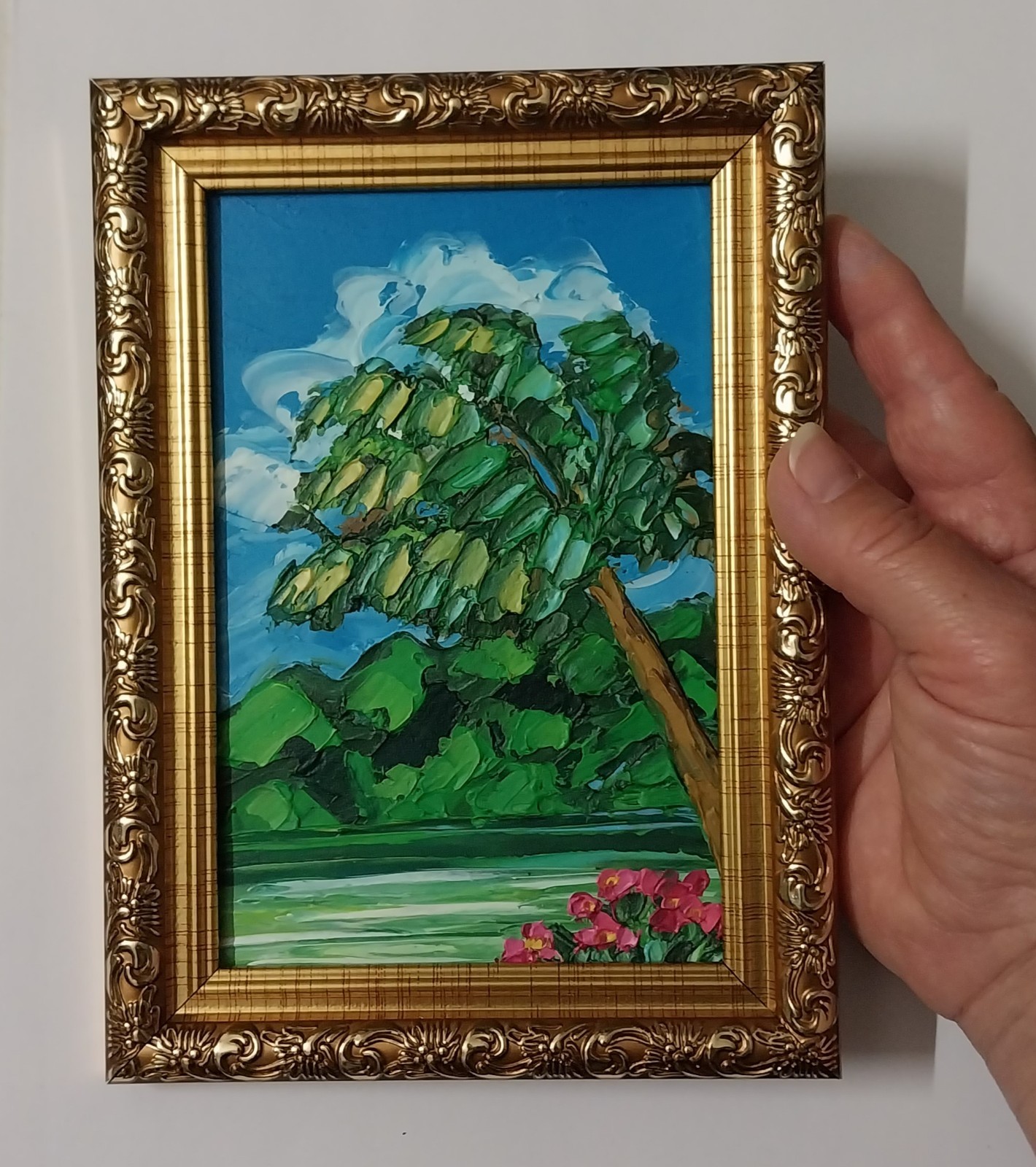 Framed Hawaii Palm Seashore Green Seascape 4×6” Impasto Oil Painting Original