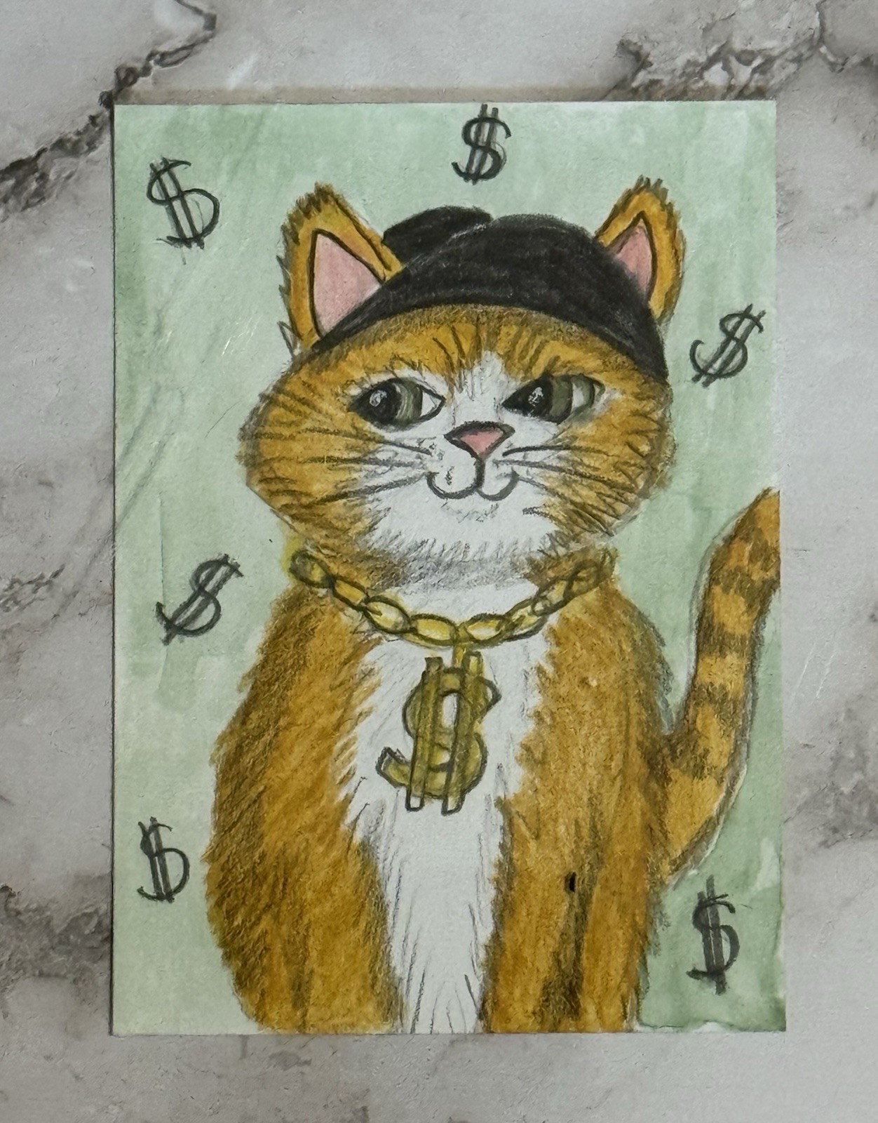 Aceo Original Art Trading Card, Cash Cat, Money kitty, Art By Sommer Rayn