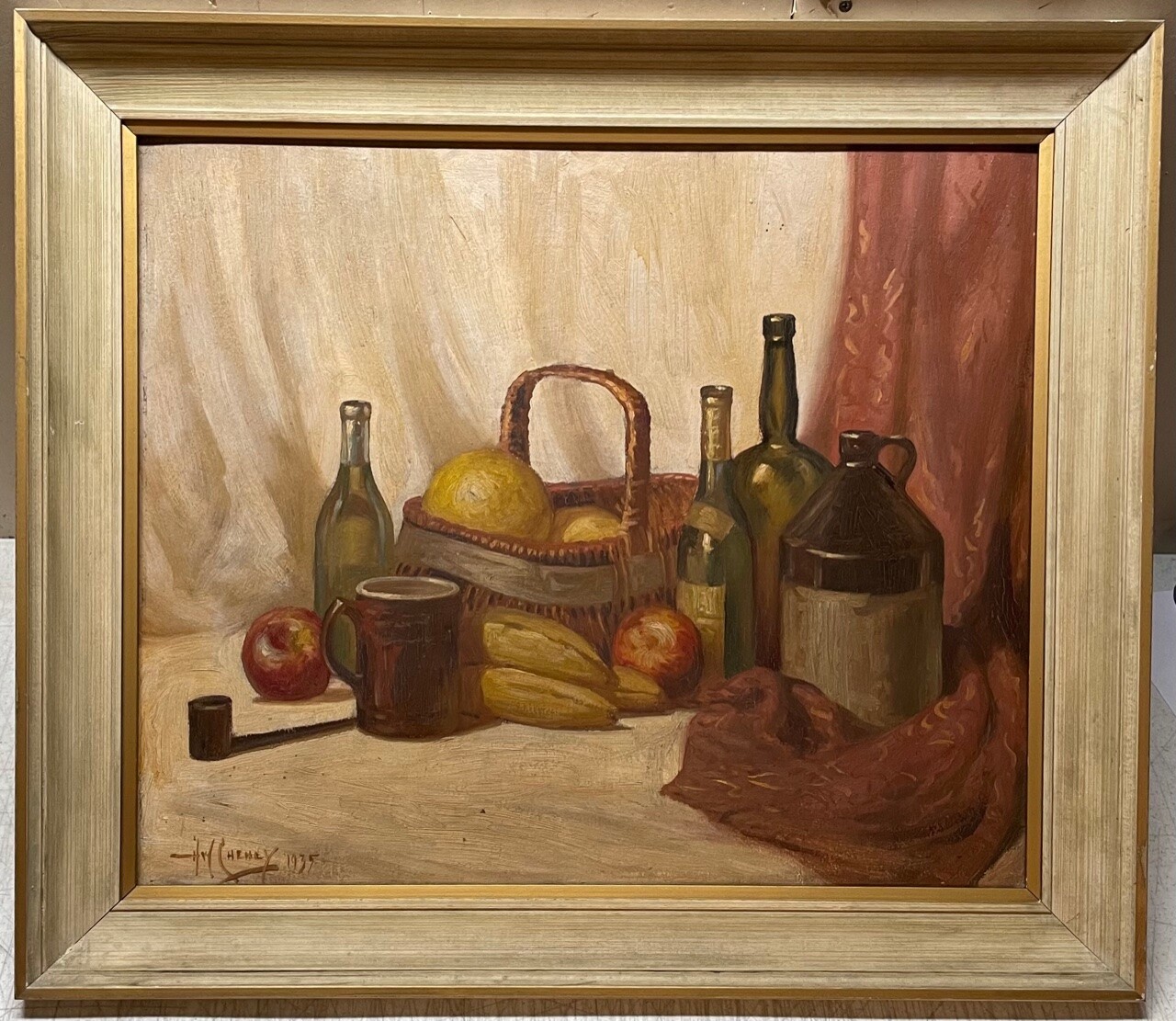 Vintage Harold W Cheney ‘Basket of Fruit & Wine’ w PIPE Still Life OIL PAINTING