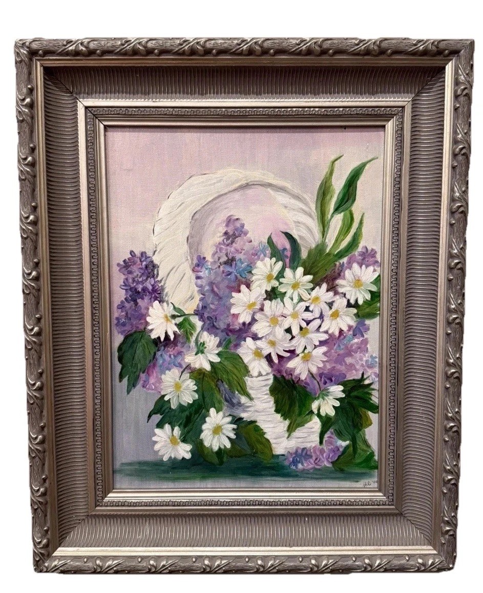 Painting Framed Signed JKL ‘08 Lilacs And Daisies Beautiful Floral Painting