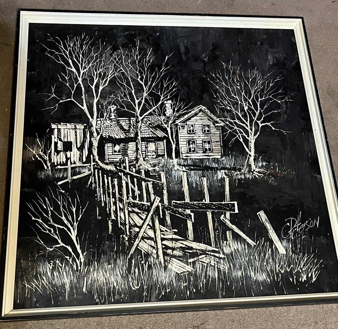 LARGE BLACK & WHITE LOG CABIN PAINTING BY C PETERSON 37 X 37” FRAMED ART