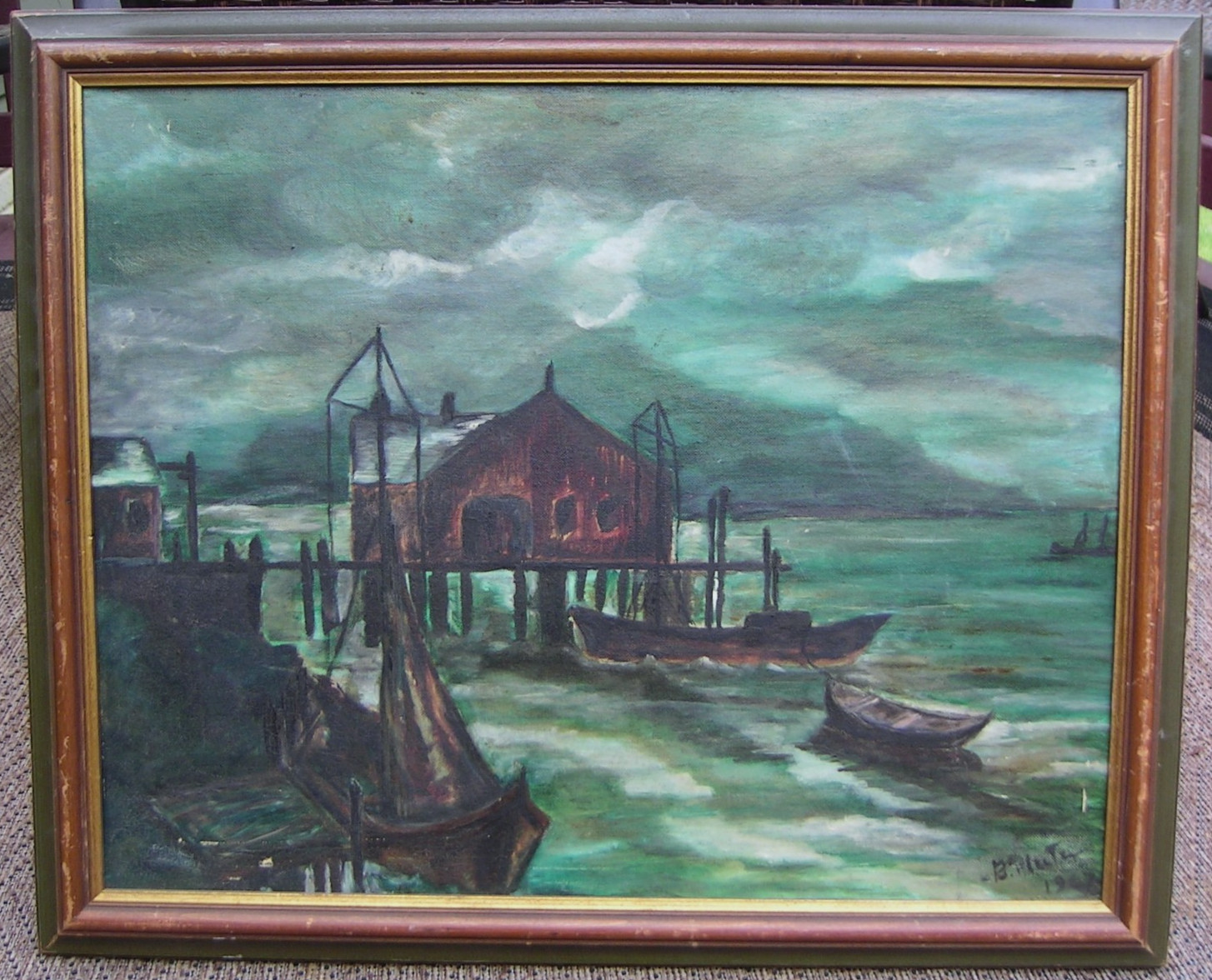 Vintage Expressionist Harbor Oil Painting Fishing Boats Signed