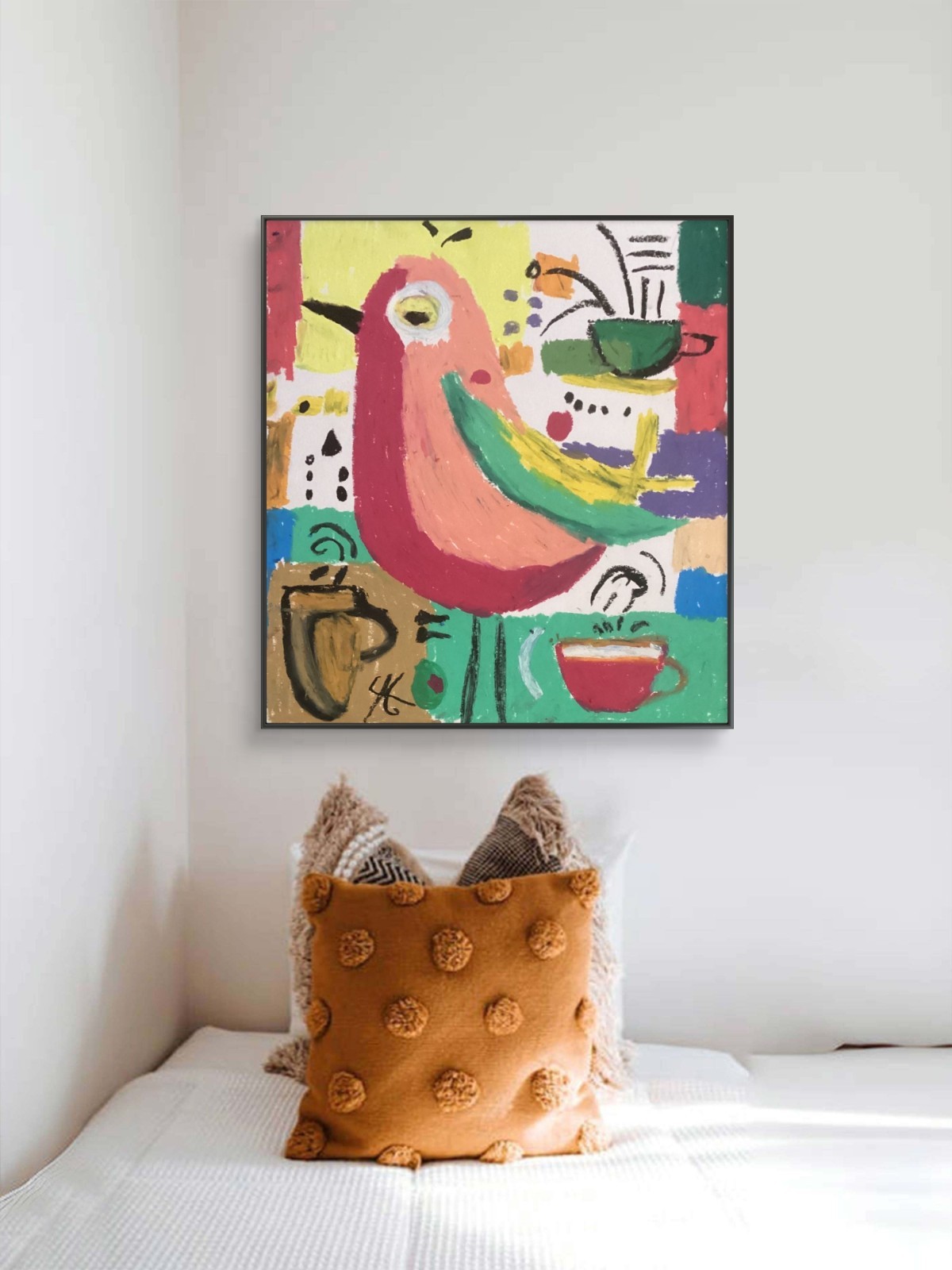 Abstract Minimalistic Coffee Colorful Expressionism Pink Bird Art 11×14 on Paper