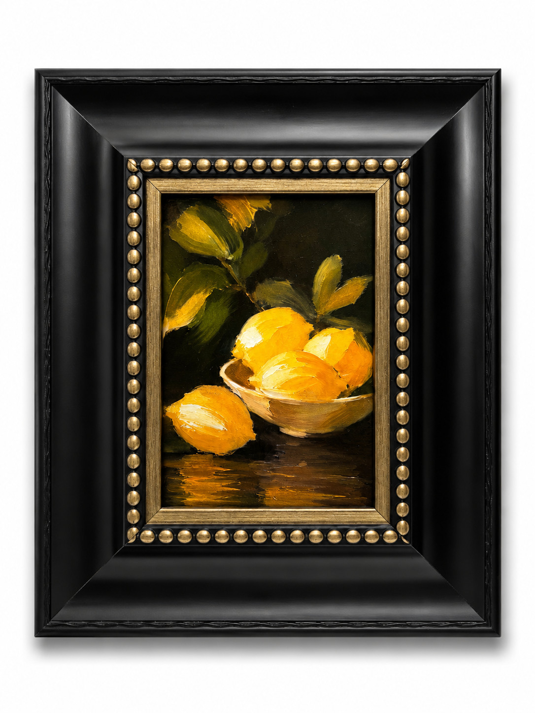 Lemon Still Life Impasto Textured Canvas Print Framed Black Gold Wall Art