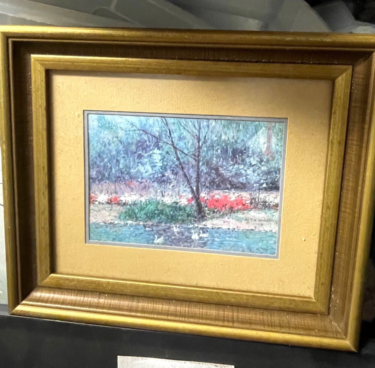 Framed Impressionist Landscape Painting “Burst of Spring” With Ducks On Pond In