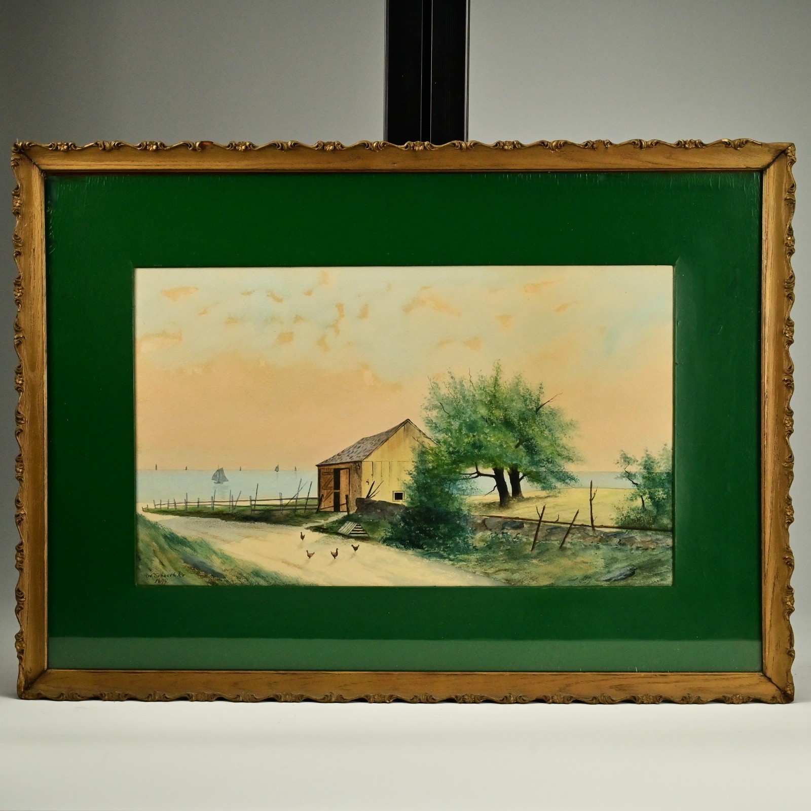 TSCHUSCHKE Original Vintage Signed 19thC House Barn Seascape Watercolor Painting