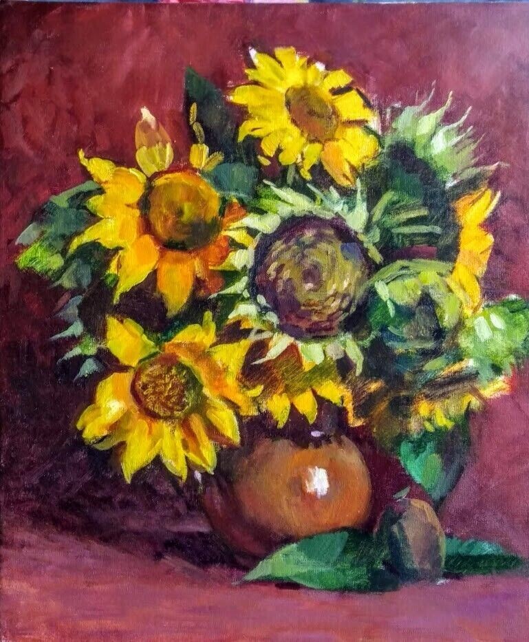Sunflower flowers bouquet modern oil painting the author 16″х14″ 42x35cm