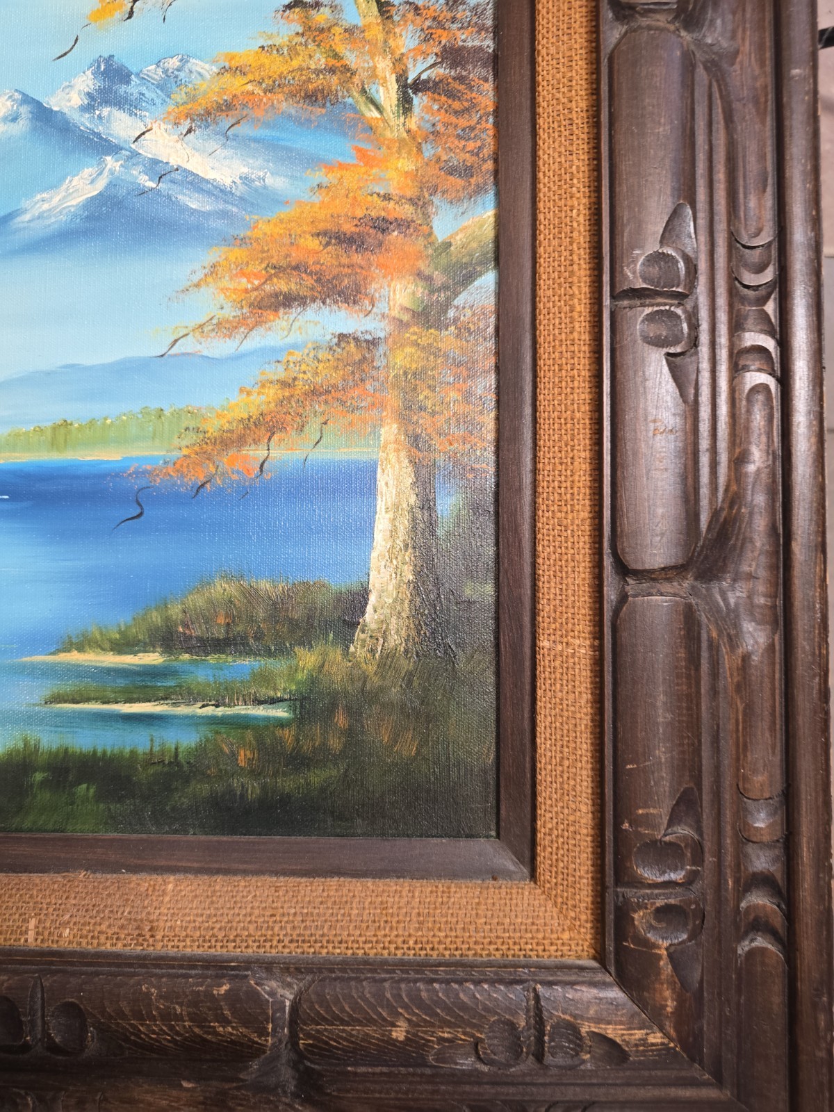 Vintage 70s Mountain Lake Landscape Oil Painting Signed Cole Carved Wood Frame