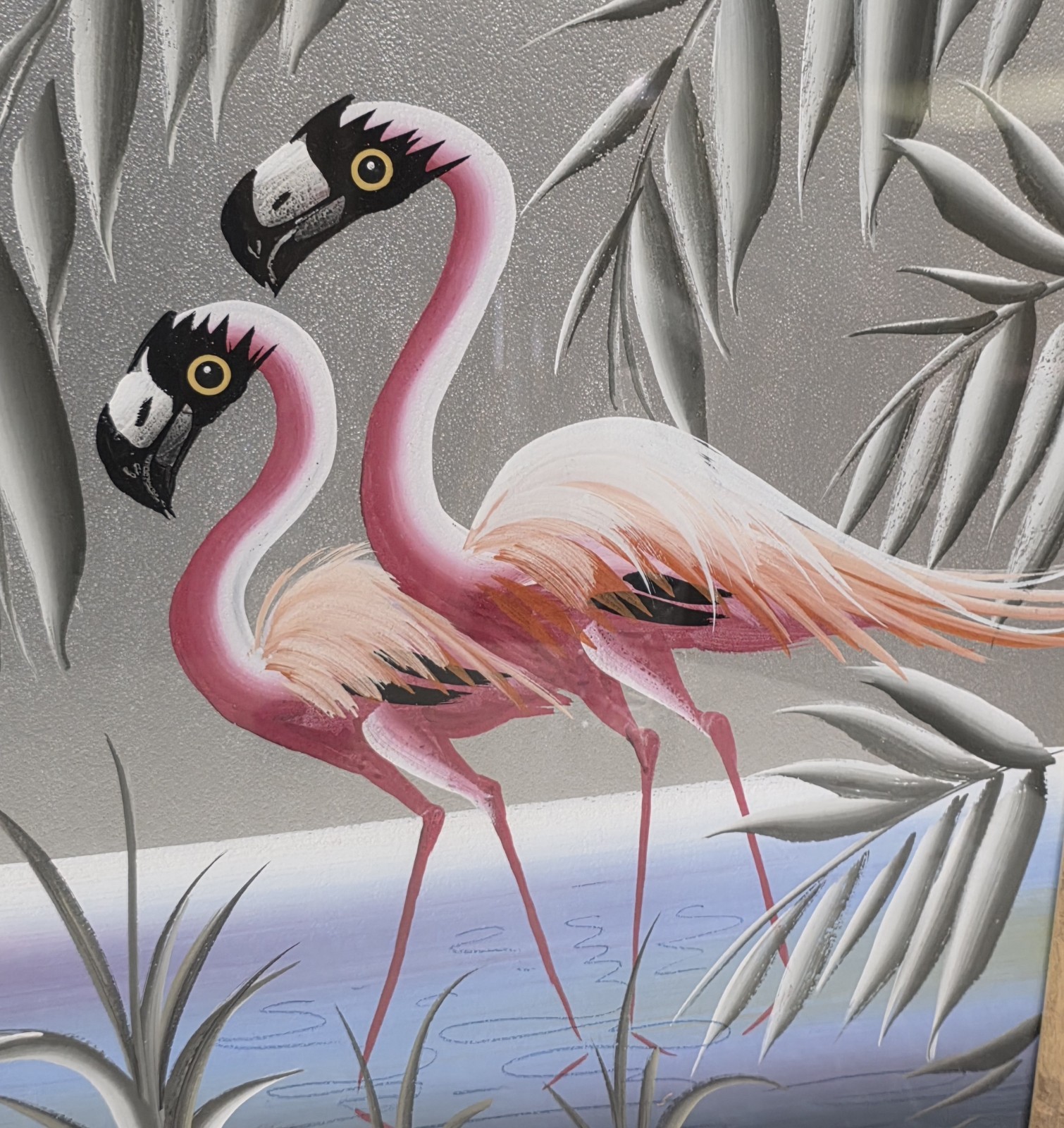 (x2) 1950s MCM Flamingos Original Silver Board Paintings Pair Bamboo Frames…