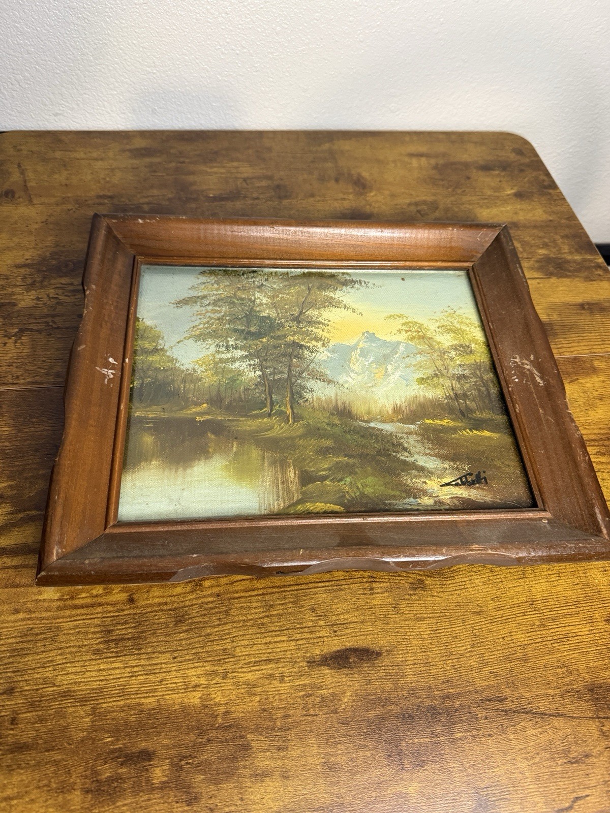 Vintage Landscape Framed Oil Painting 8×10 Mountain Trees Water Signed