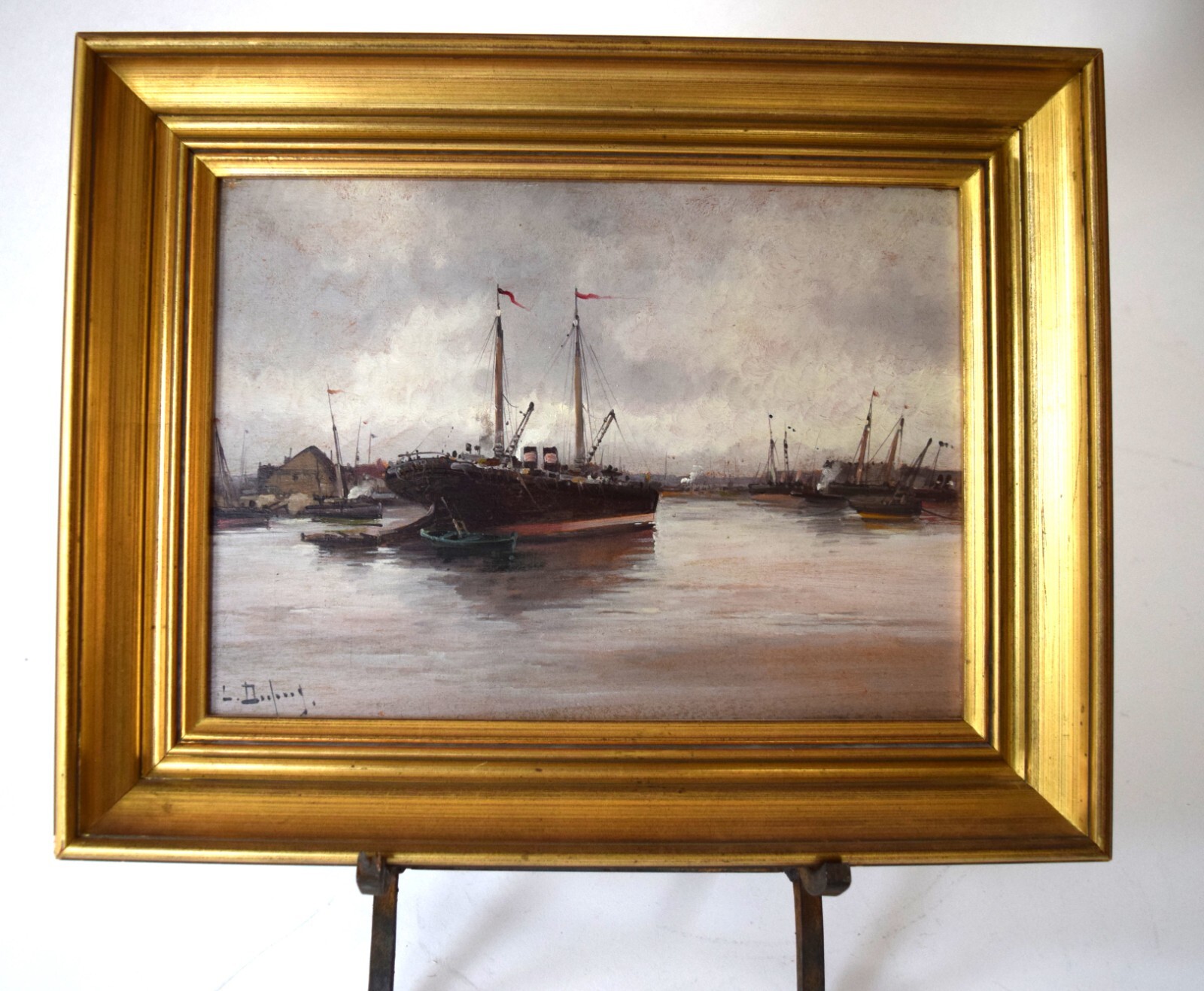 Framed Signed Oil Painting Eugene Galien Laloue 1854-1941 Harbor Scene Boat Ship