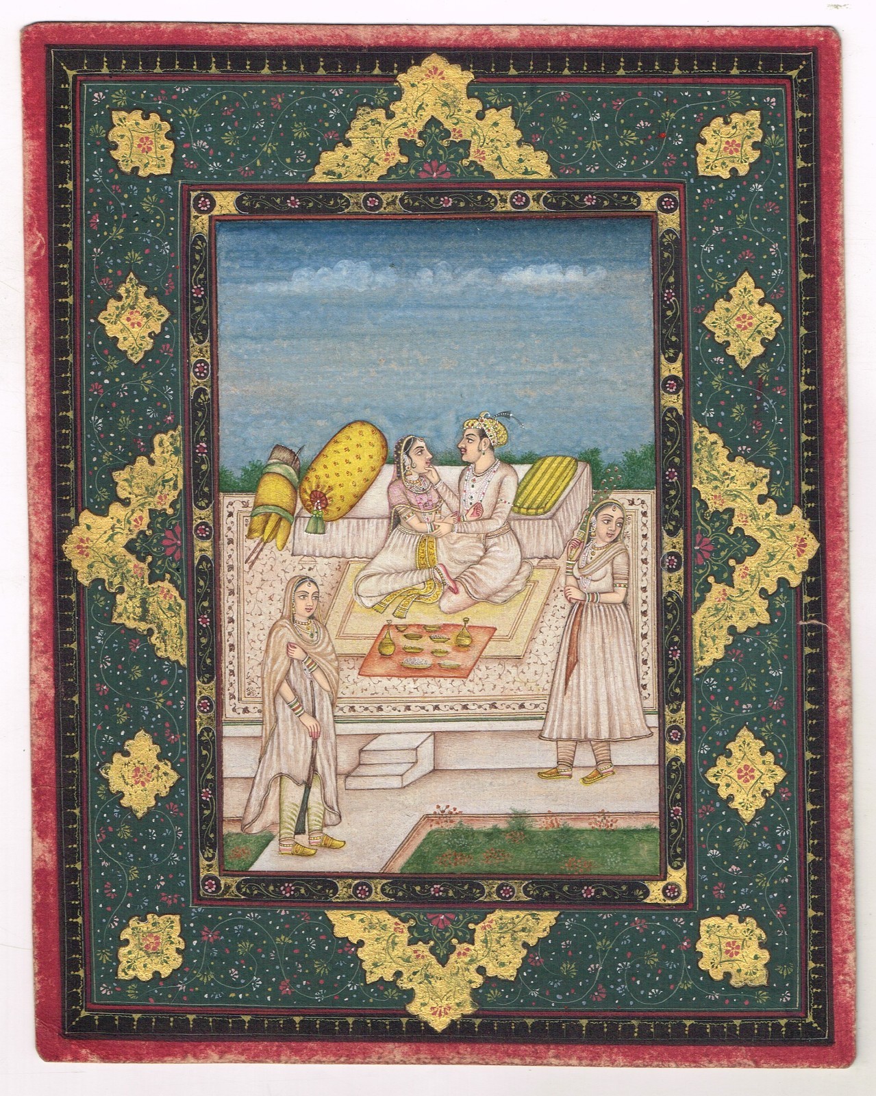 Painting From India – Mughal King And Queen in Love Scene Art With Lady Servants