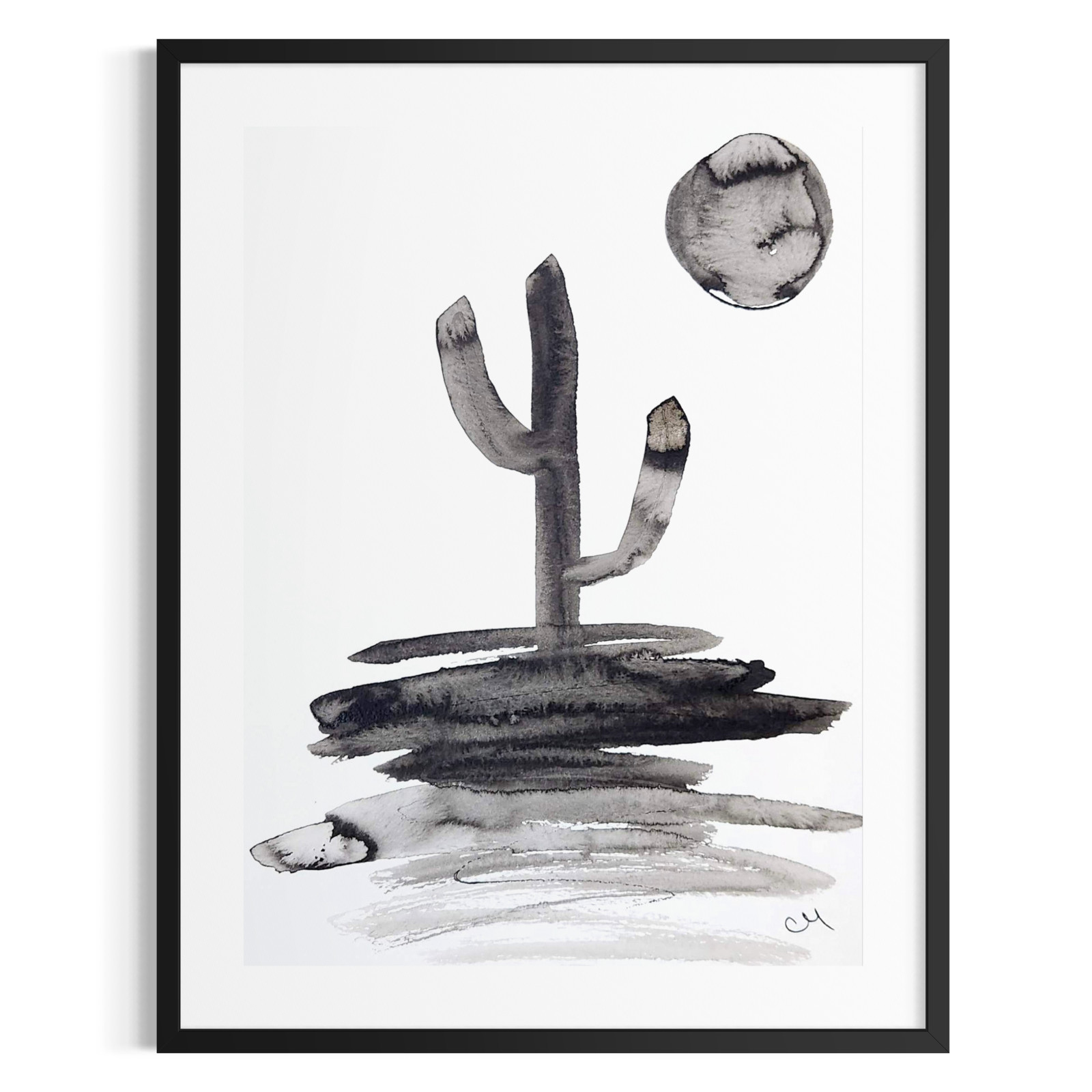 Original Desert Cactus Landscape 9×12 Painting Ink Black White Wall Art Paper