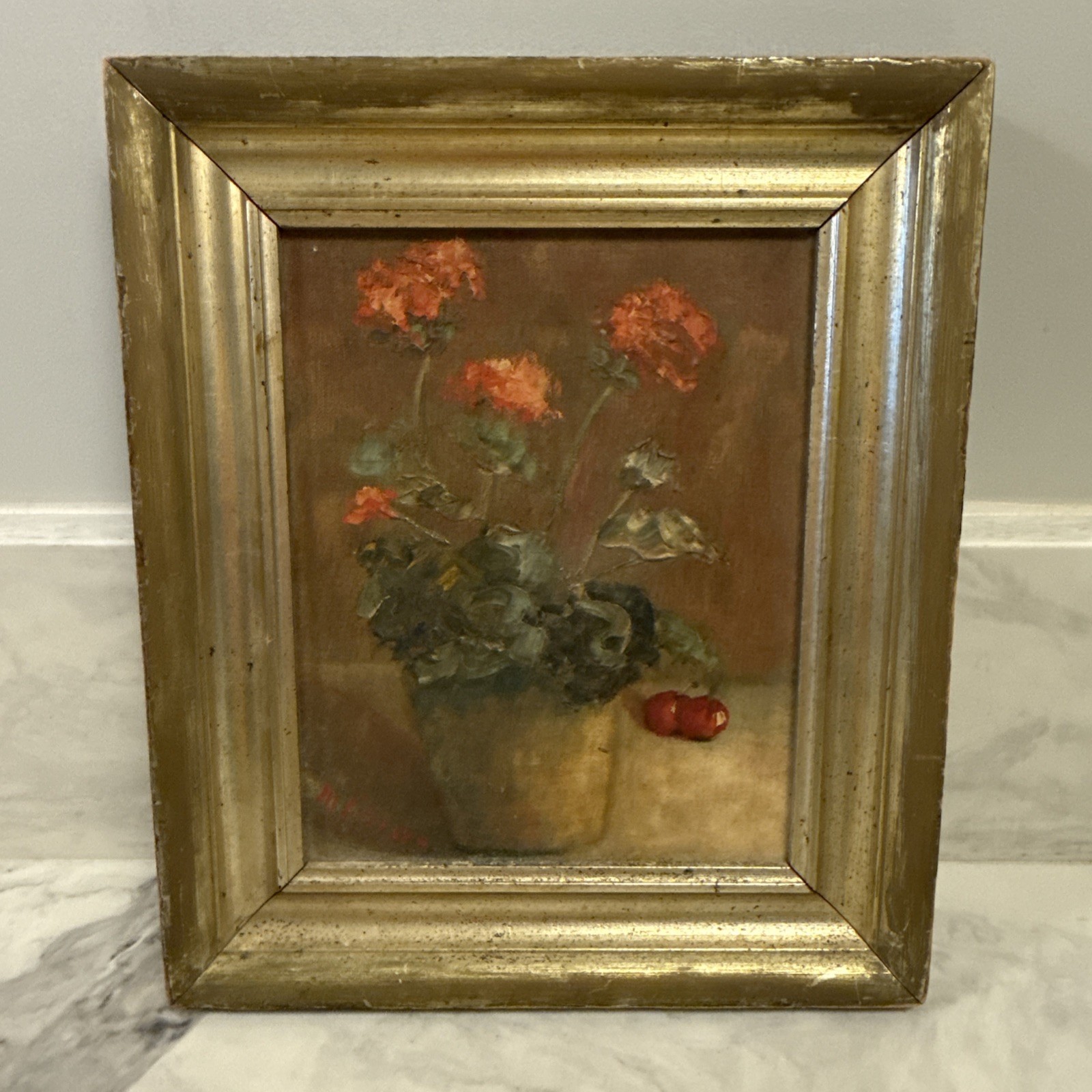 Small Antique Still Life Floral Oil Painting On Canvas Framed Signed 13.5”