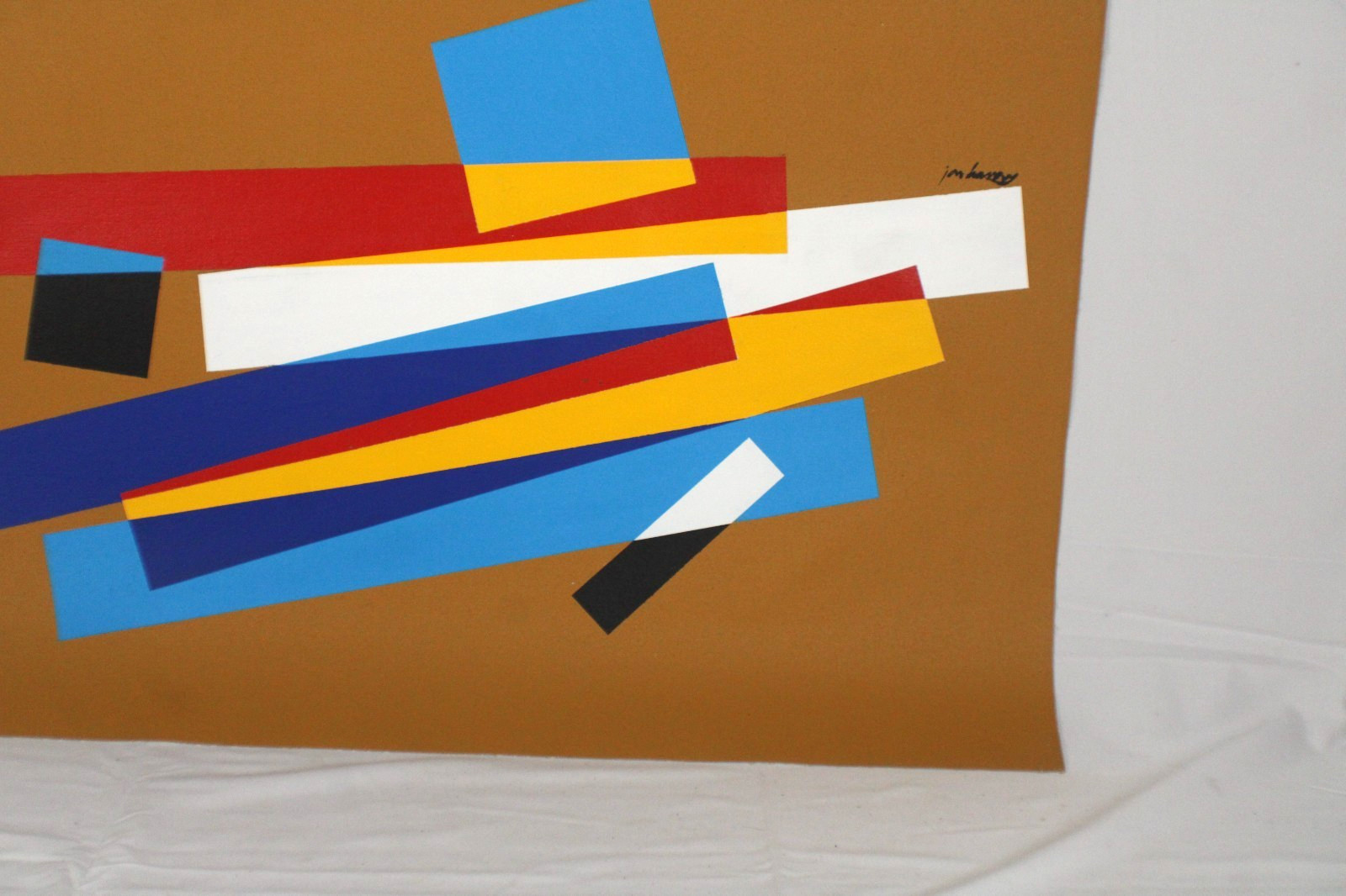 Mid Century Geometric Abstract Style Oil Painting On Canvas Signed Jon Henry