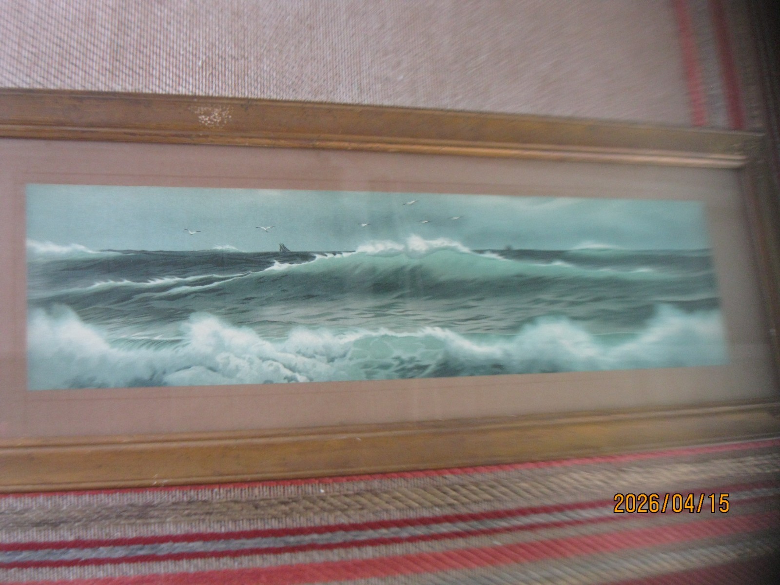 ANTIQUE 41″ NAUTICAL SEASCAPE PAINTING w/ ORIG FRAME & WAVY GLASS early 1900’s