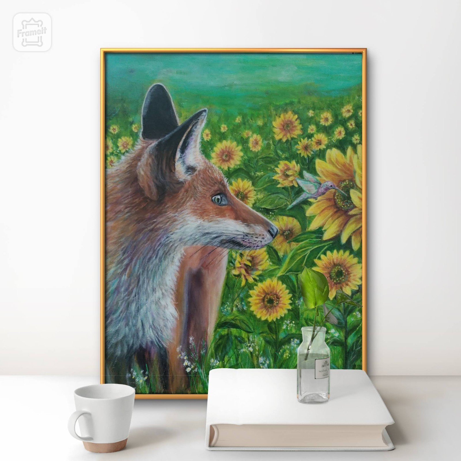 Original 14 x 11 Fox with Sunflowers Acrylic Canvas Wall Painting