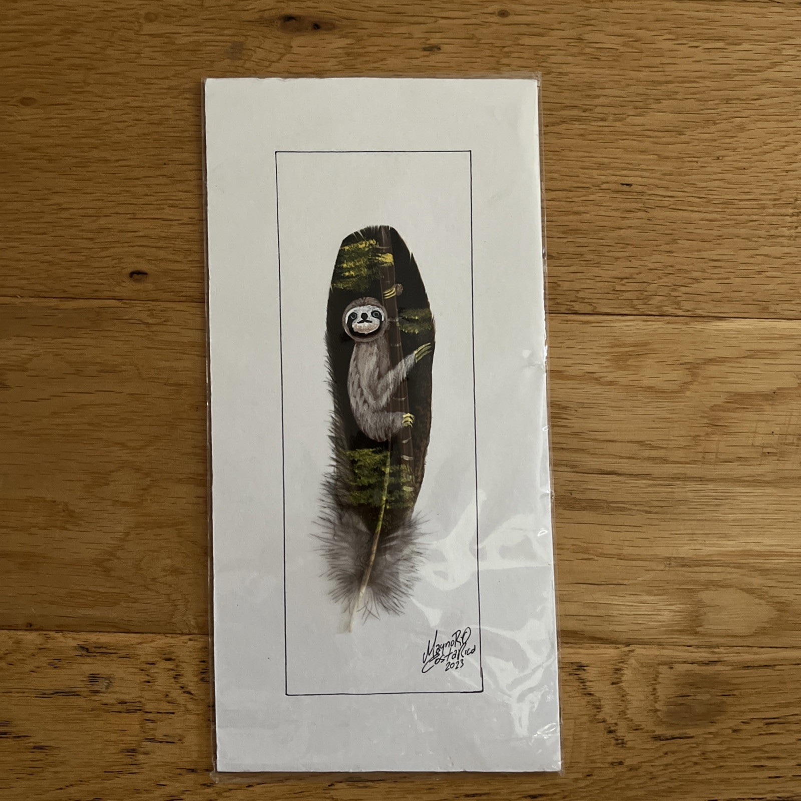 Signed By Artist Hand Painted Feather Costa Rica Sloth NEW