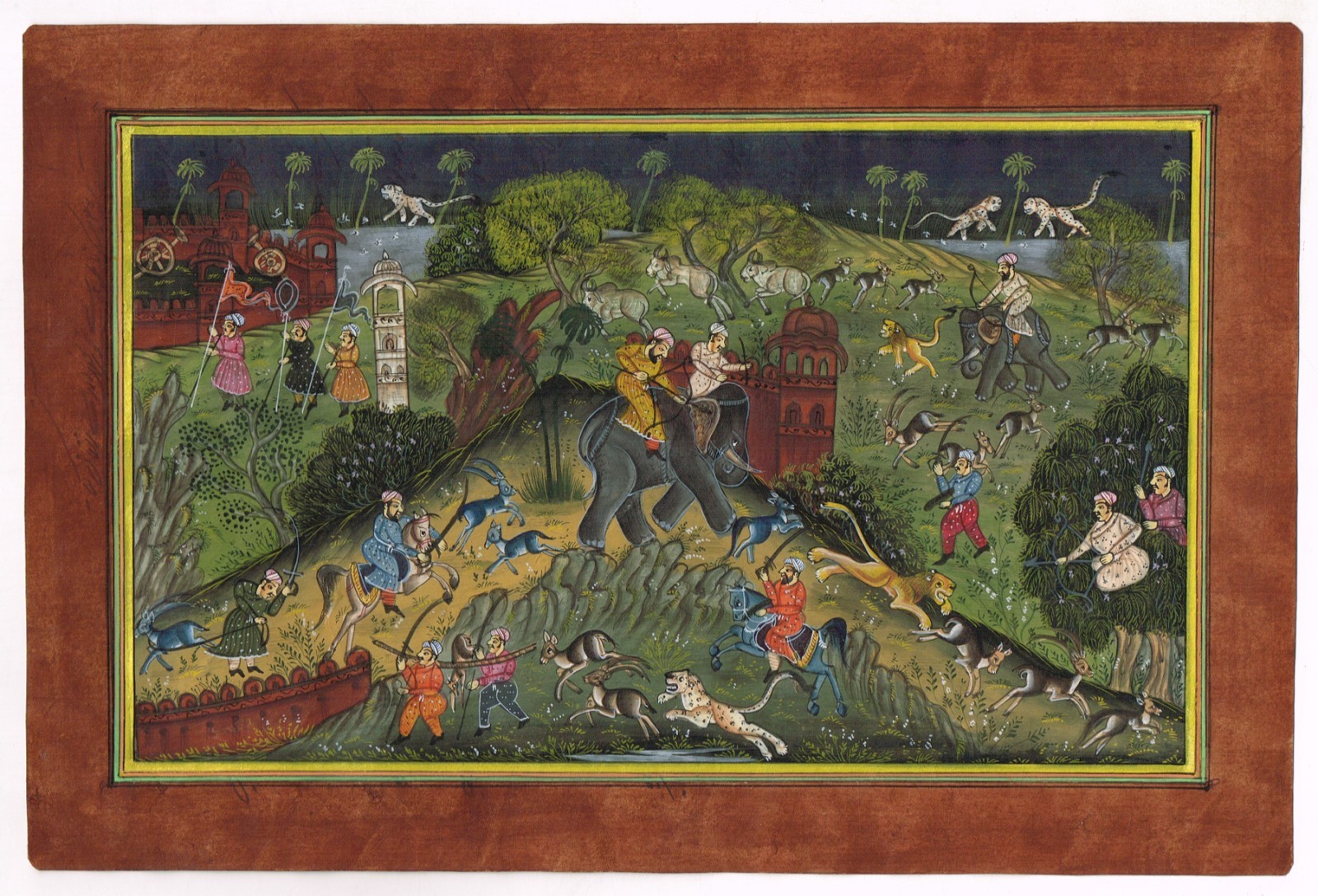 Traditional Mughal Style Painting – Wildlife & Hunting Party Artwork 11.5X7.5″
