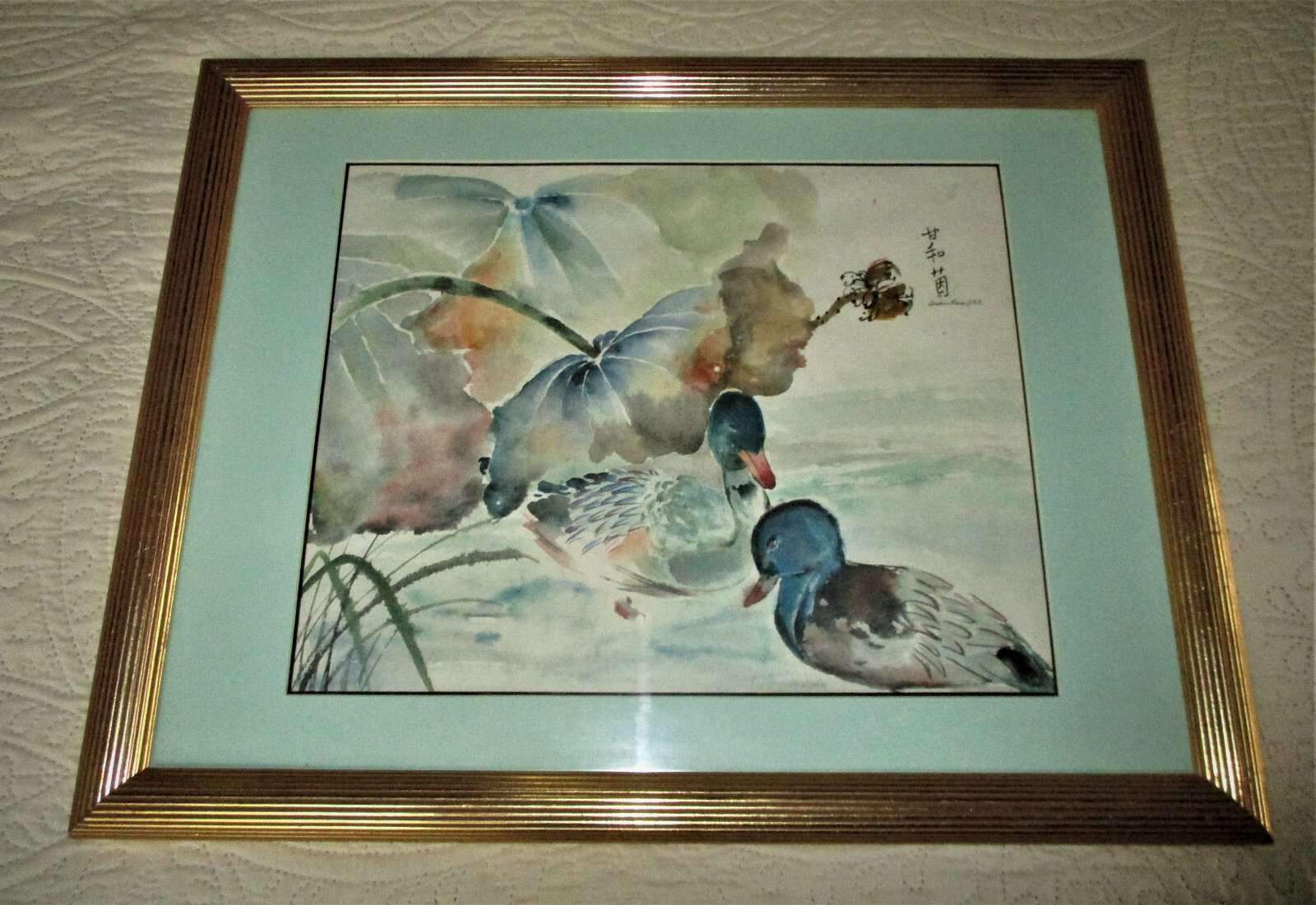 SIGNED FRAMED VINTAGE WATERCOLOR Ducks in Pond Susan Kam, SSS 20 1/2″ x 26 1/2″